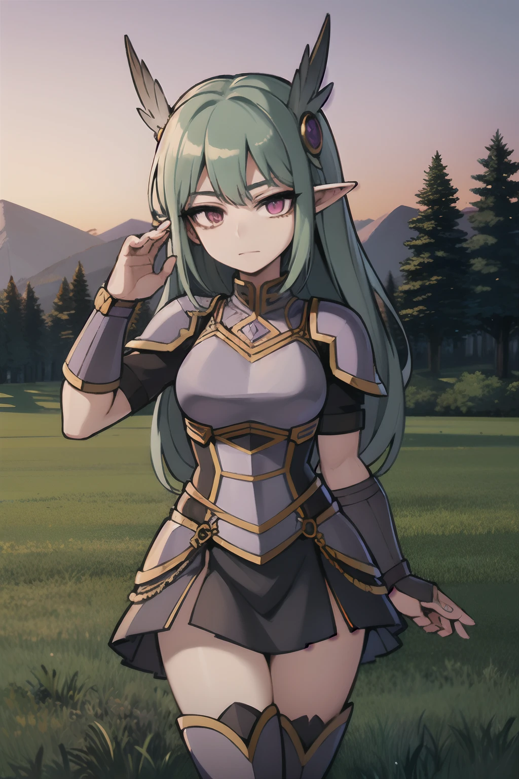 Principle Girl, dark green hair, elf ears, purple eye, Purple Valkyrie Armor, knight armor, purple top, black skirt, grinding, in a forest, lake behind in the background, Greenland, 4k, Valkyrie, Norse Mythology, 4k , good anatomy, high quality, wallpaper