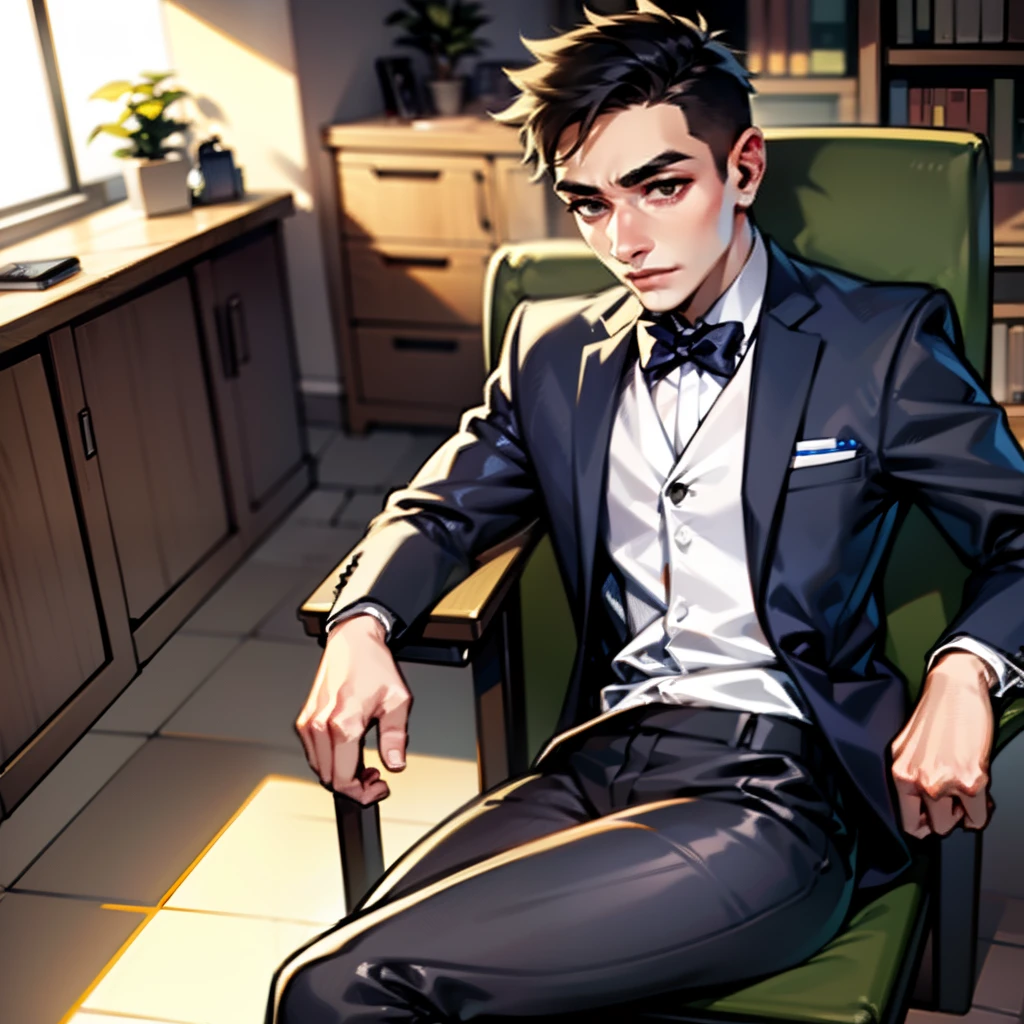 a young man sit in chair , furnished background , office suit --auto --s2