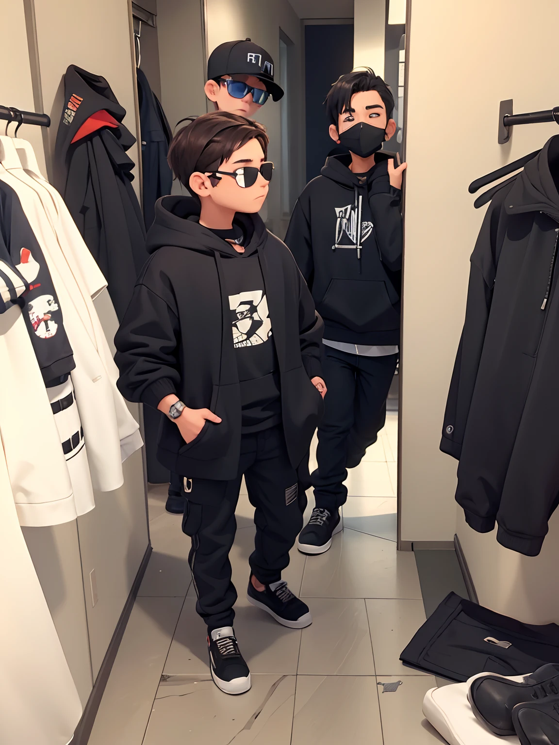 ((masterpiece)), (8k, high_resolution), (best quality), ultra-detailed, two males, two kids, wearing sunglasses, there are two men standing in a room looking at their cell phones, mall goth, wearing japanese techwear, fear of god style, wearing space techwear, vetements, black oversized clothes, wearing urban techwear, wearing jeans and a black hoodie, casual streetwear, black clothes, techwear look and clothes, ootd, wearing in black clothes