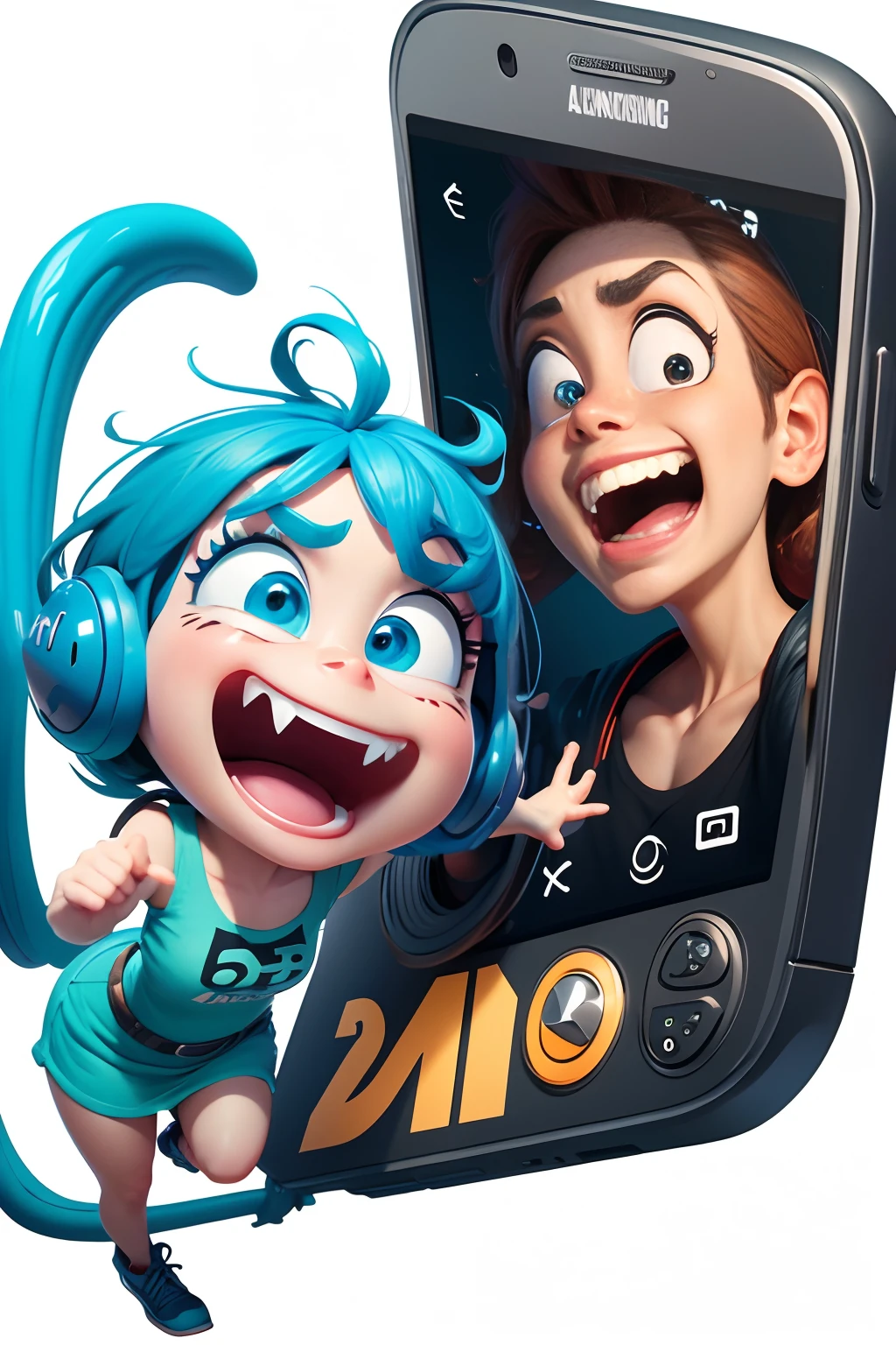 Cartoon pixar style in 2D, Crazy phone handset rings with strong squirting, Funny cartoon, whitebackground