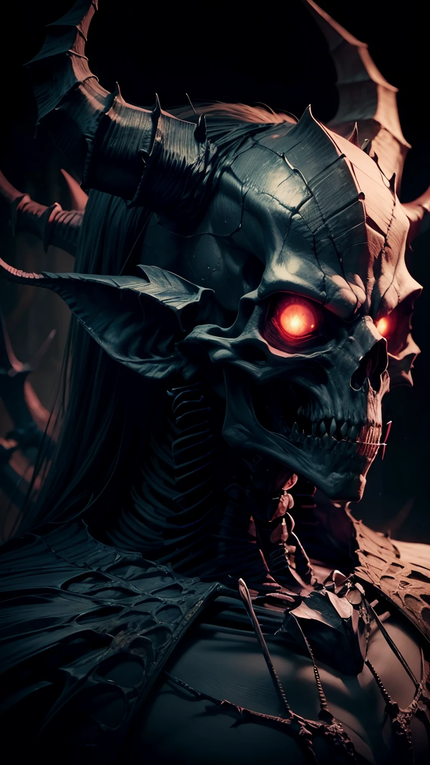 (Masterpiece:1.2),Detailed - skeleton monsters,Horror,a 3D render,[Vivid colors],[Physically-based rendering], [Ultra-detailed], [Studio lighting],deep dark background,Ominous atmosphere,Sharp focus,Glowing eyes,Pale skin,Long sharp teeth,Horns protruding from the head,Scaly textured skin,Dark shadows,textured bones,Weird aesthetic