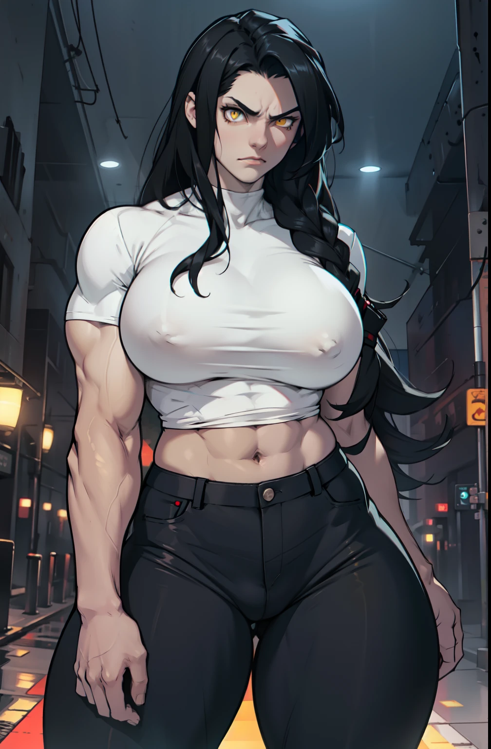 pale skin solo 1 girl black hair yellow eyes angry very long hair dark atmosphere (huge breasts bodybuilder toned body muscular) tight shirt tight pants curvy thick thighs wide hips