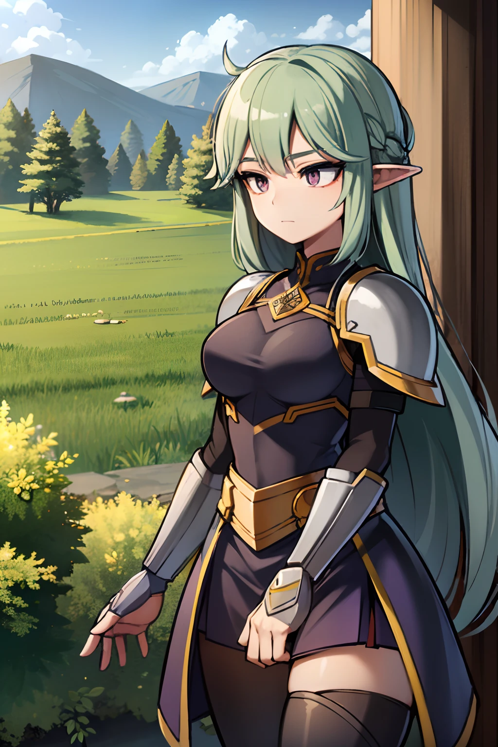 Principle Girl, dark green hair, elf ears, purple eye, Purple Valkyrie Armor, knight armor, purple top, black skirt, grinding, in a forest, lake behind in the background, Greenland, 4k, Valkyrie, Norse Mythology, 4k , good anatomy, high quality, wallpaper