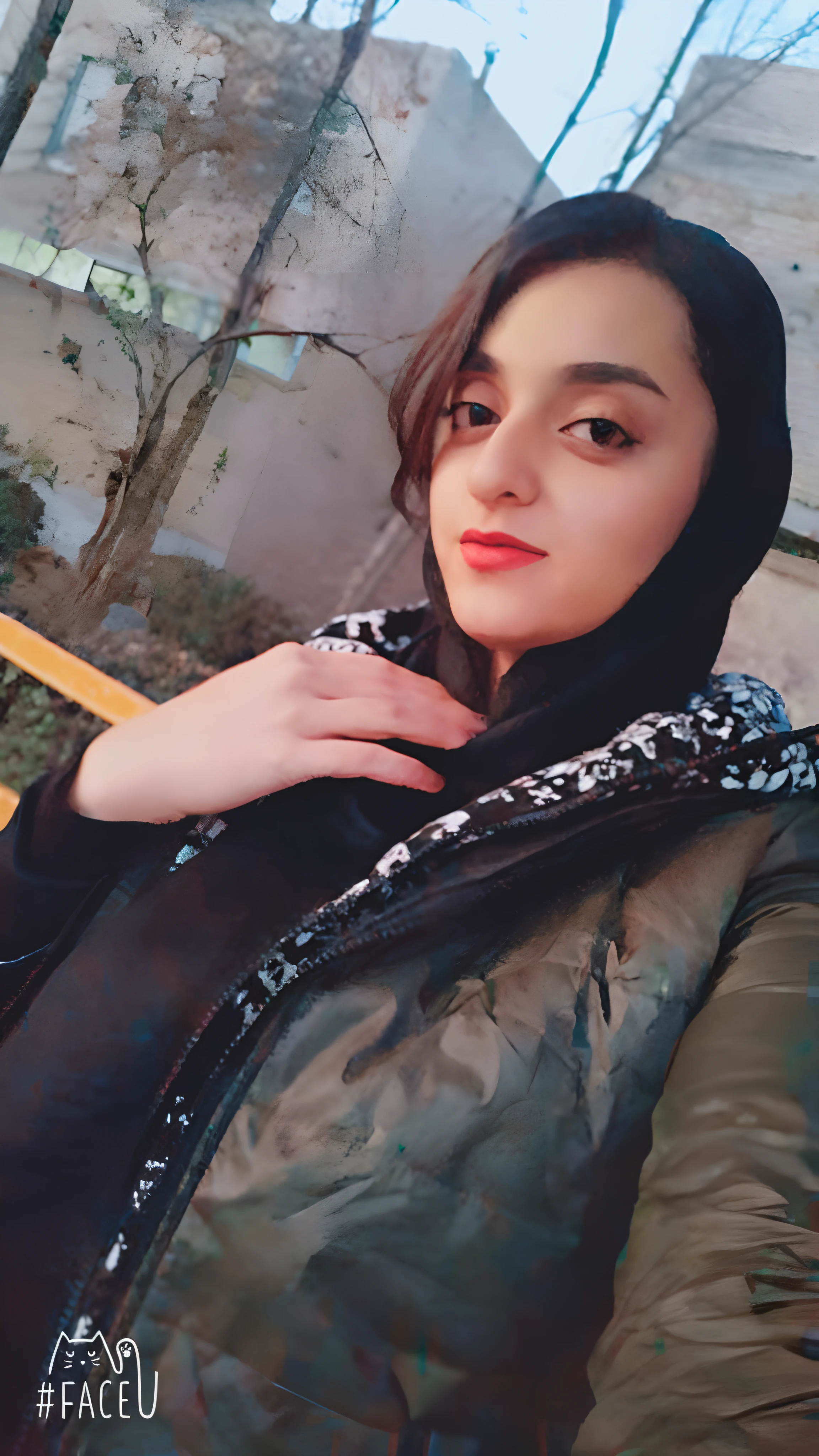there is a woman that is posing for a picture in a park, pale-skinned persian girl, beautiful iranian woman, profile image, very very low quality picture, inspired by Taravat Jalali Farahani, profile pic, selfie of a young woman, sayem reza, khyzyl saleem, profile photo, profile shot