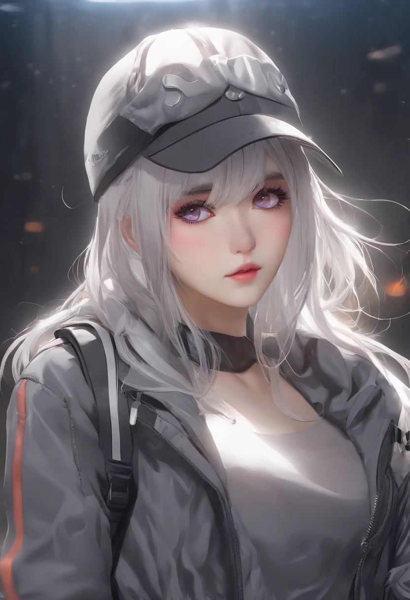 masterpiece, best quality, 4k, UHD, mishoujo, painting, beautiful eyes and detailed face, illustration, beautiful detailed, high resolution illustration, glowing_white_particles, 1girl, white hair, light purple eye, hair over one eye, short sidetail, baseball cap,expressionless, window shade, black jacket, chest rig, cyberpunk, techwear,(Impressionism:1.4) for my beauty product ad