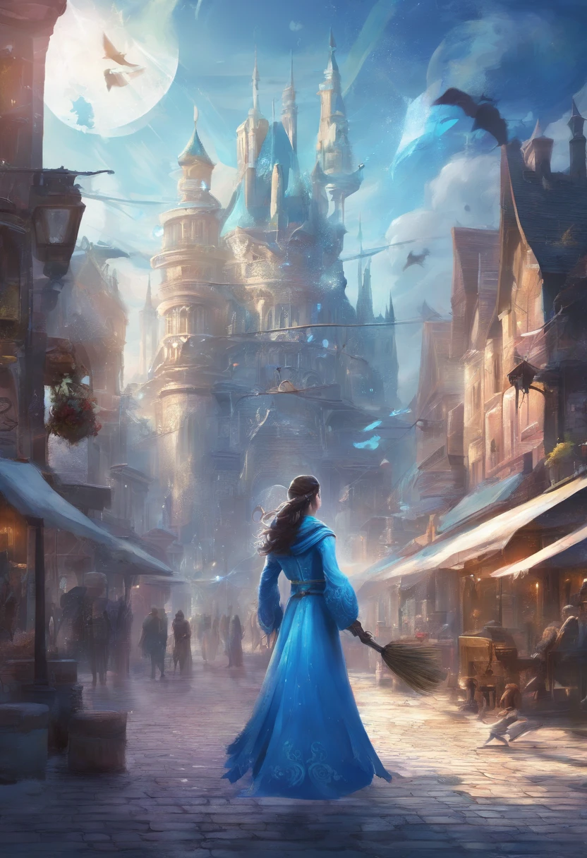 In a city with ice, a princess in blue attire, a magician with his magical broom