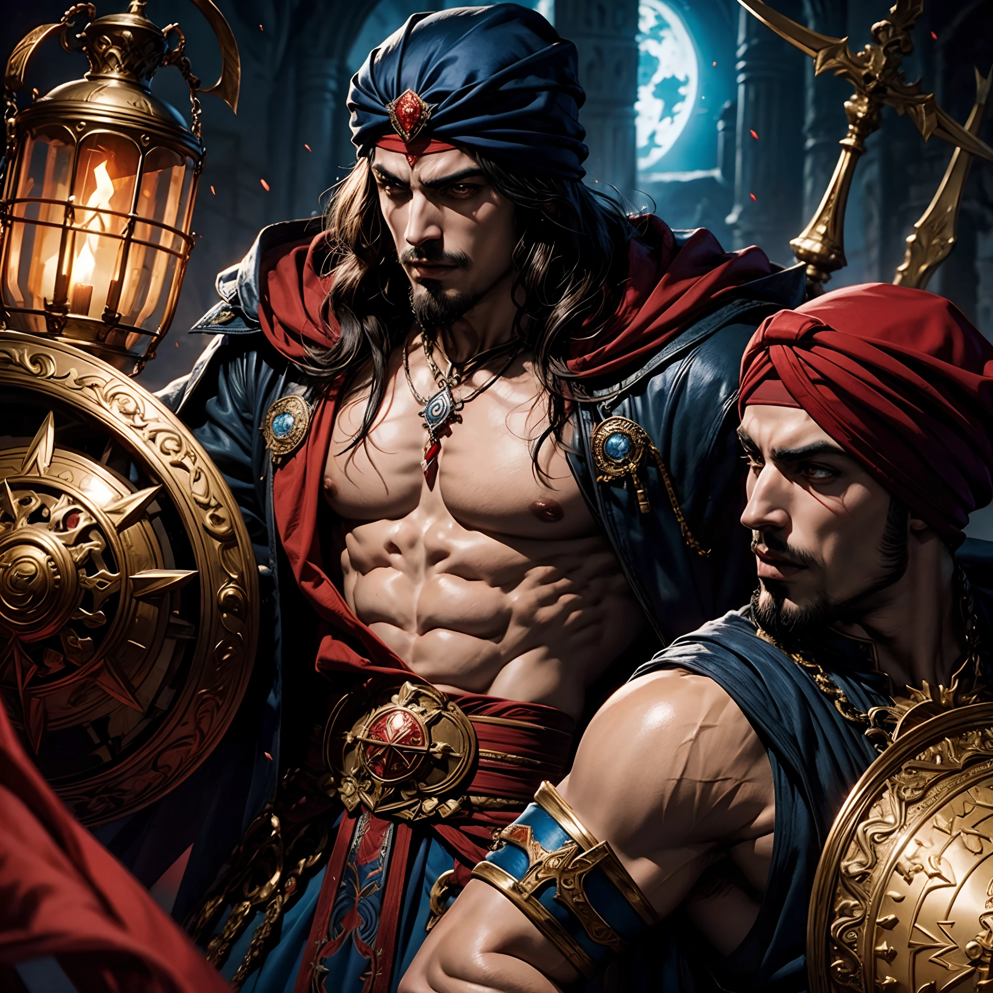 Moroccan Arab Handsome Lord Muscular Dracula with Red Turban Hokuto No Ken Face Structure Castlevania Super Realistic Shadow Lord Super Detailed