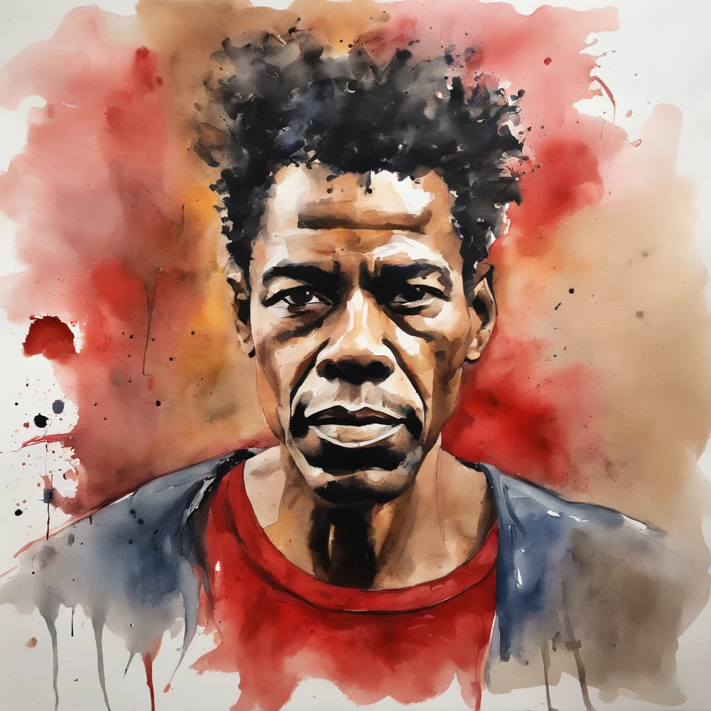 Painting of a man with a messy hair and a red shirt, inspirado em jorge ben jor, neo expressionismo arte, apenas 3 / 4 retrato, Corpo Inteiro, inspirado em Jean-Michel Basquiat, neoexpressionismo