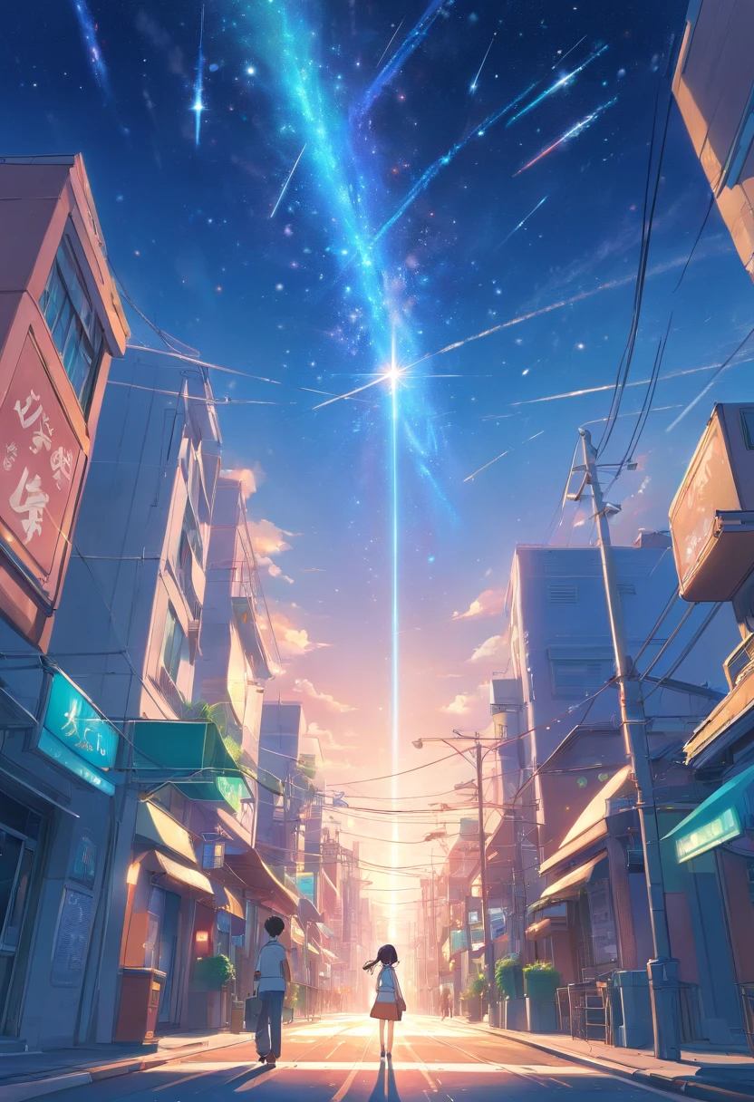 Faraway view、landscapes、Outrageous resolution、发光、Near Future City、Clear the blue sky、Many bright stars々、beautiful lighting、clear lighting、Soft lighting、Many bright magic lights、Stars Falling from the Sky,Meteor swarm