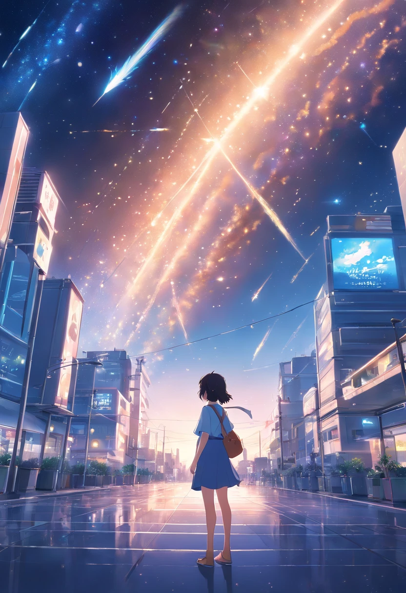 Faraway view、landscapes、Outrageous resolution、发光、Near Future City、Clear the blue sky、Many bright stars々、beautiful  lighting、clear lighting、Soft lighting、Many bright magic lights、Stars Falling from the Sky,Meteor swarm