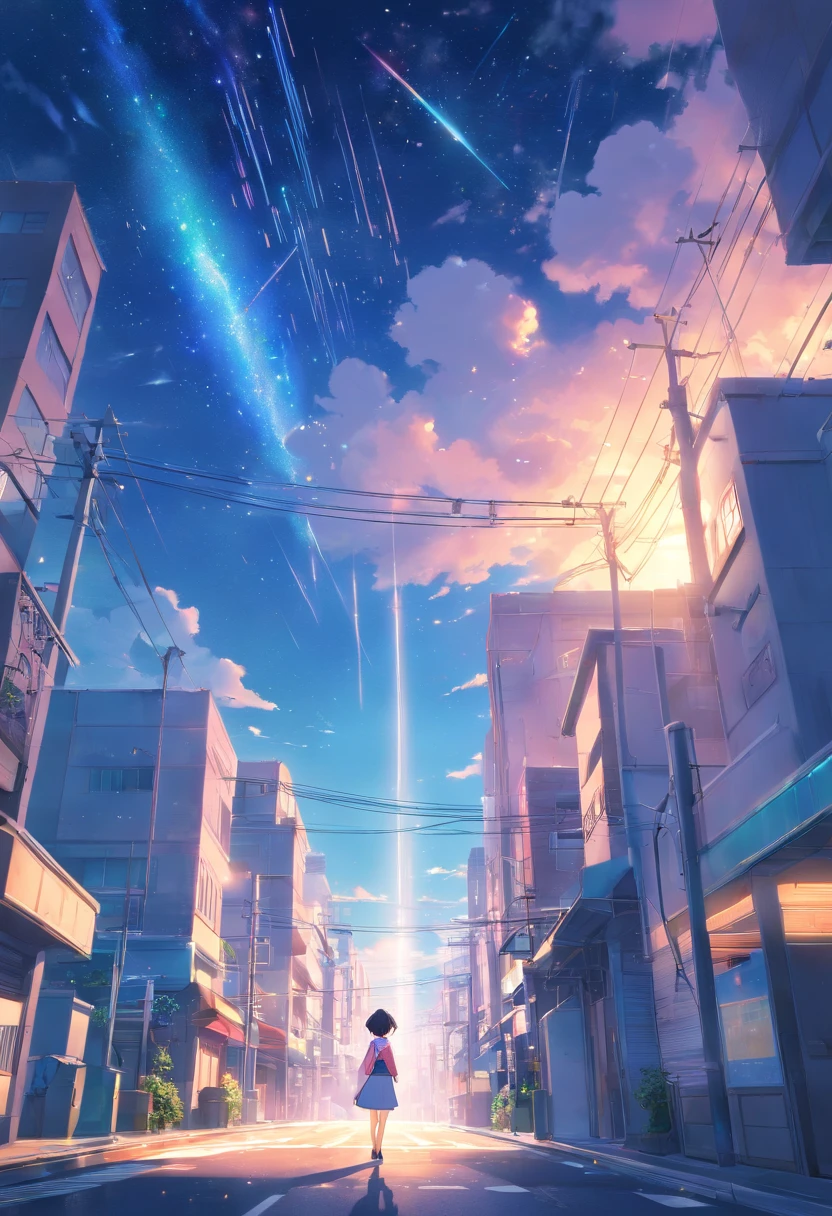 Faraway view、landscapes、Outrageous resolution、发光、Near Future City、Clear the blue sky、Many bright stars々、beautiful lighting、clear lighting、Soft lighting、Many bright magic lights、Stars Falling from the Sky,Meteor swarm
