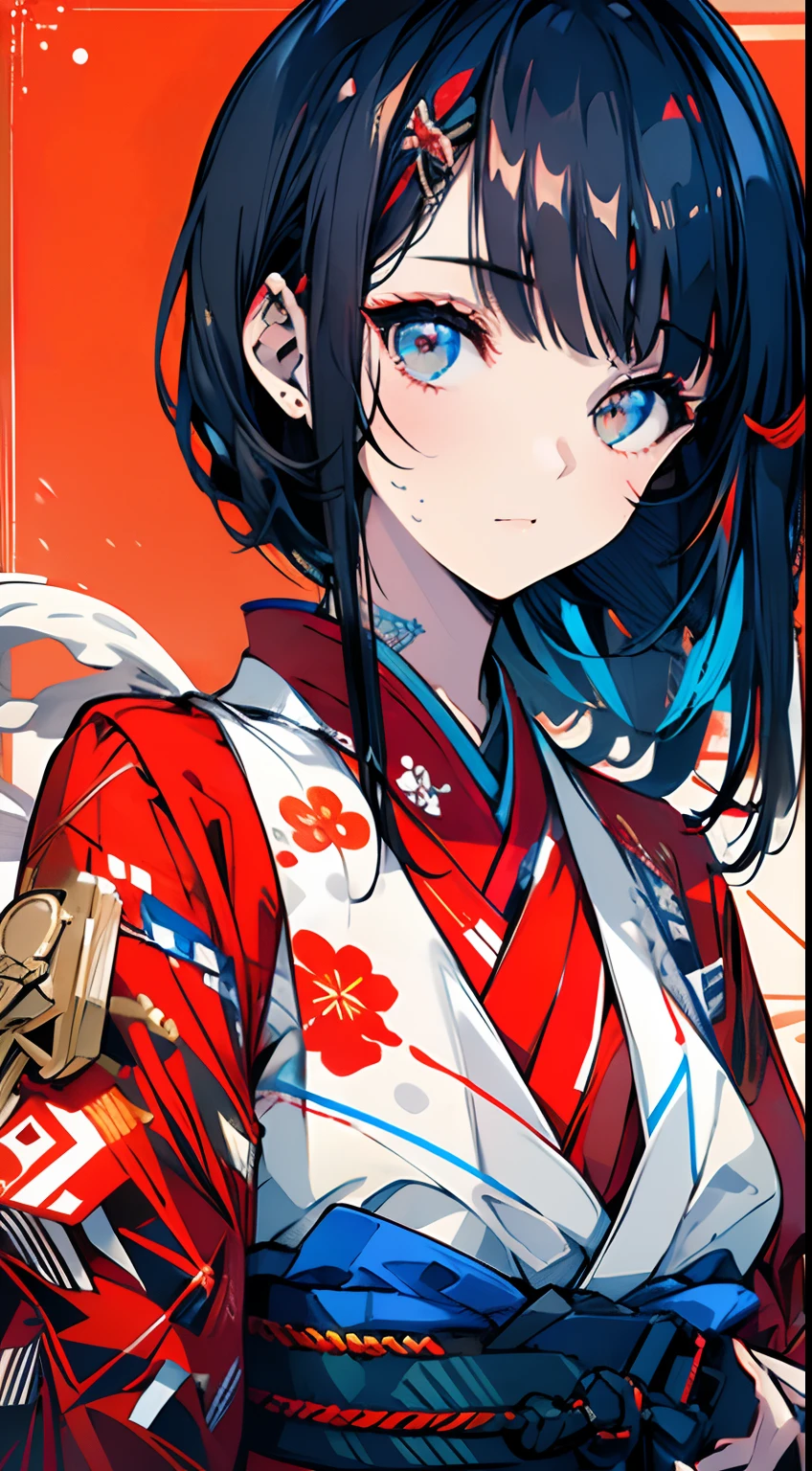 Illustration, UHD, retina, masterpiece, accurate, anatomically correct, super detail, high details, high quality, award winning, best quality, highres, good anatomy, 1080P, HD, 4K, 8k, 16k, 1girl, dynamic pose, androgynous, detailed eyes, detailed clothes, detailed hair, rendering, strands of hair, cute waifu, looking at viewer, upper body, chinese, short black hair, hair extension, bangs, locks, red eyes, white background, wearing a red kimono, intricate design, neautal facial expresson, midjourny, background has a lot of colors, blue white and red background, 2d squares in background, colored polygons in background, pixiv, deivanart, danbooru, beautiful eyes