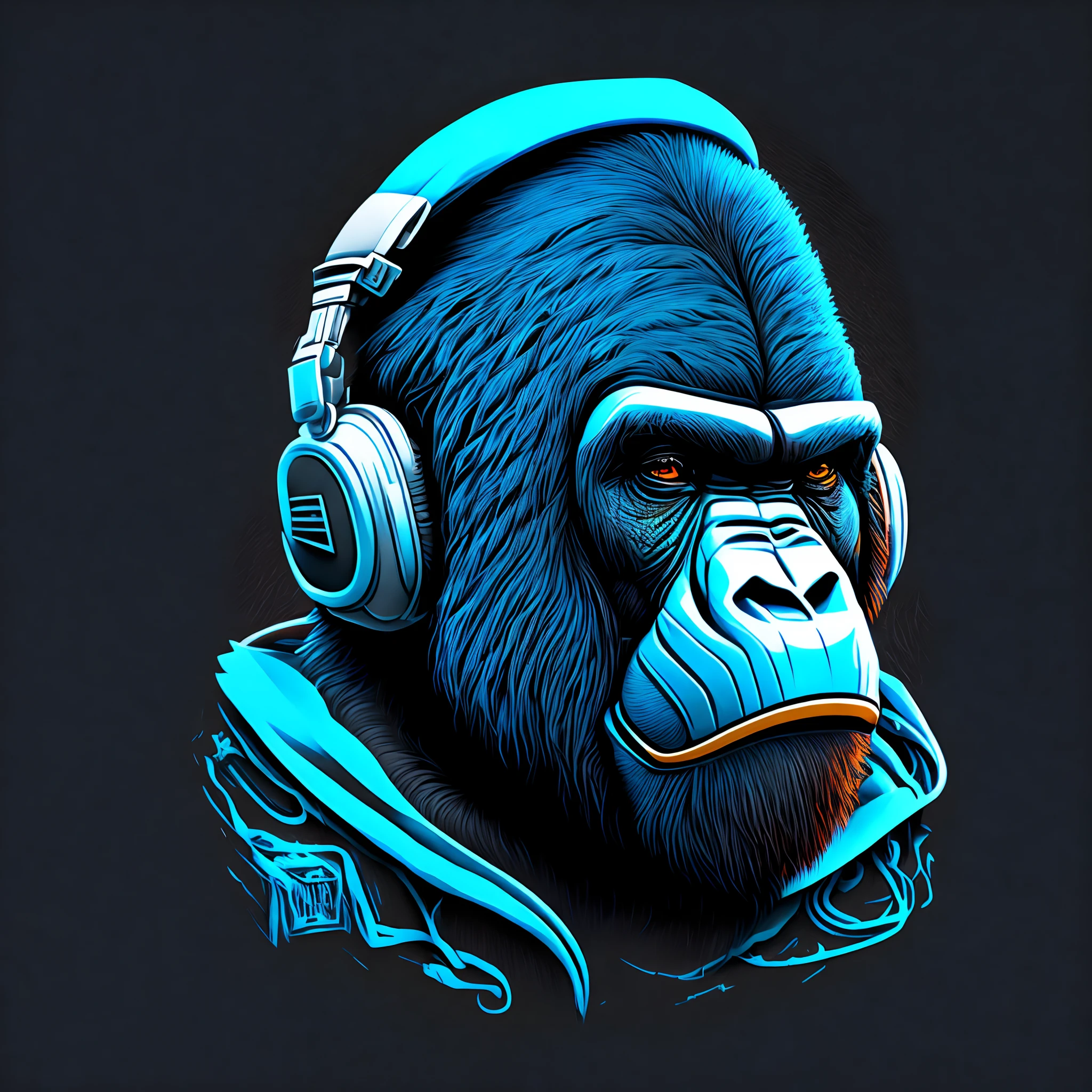 centered, isometric, vector t-shirt art ready to print highly detailed graffiti illustration of mascot logo of a gorilla with headphones, contrasting color palette, charcoal, white, black background, blue, traditional african details, orisha, sharp lines, cinematic lighting, face is highly detailed, vibrant color, high detail, black background