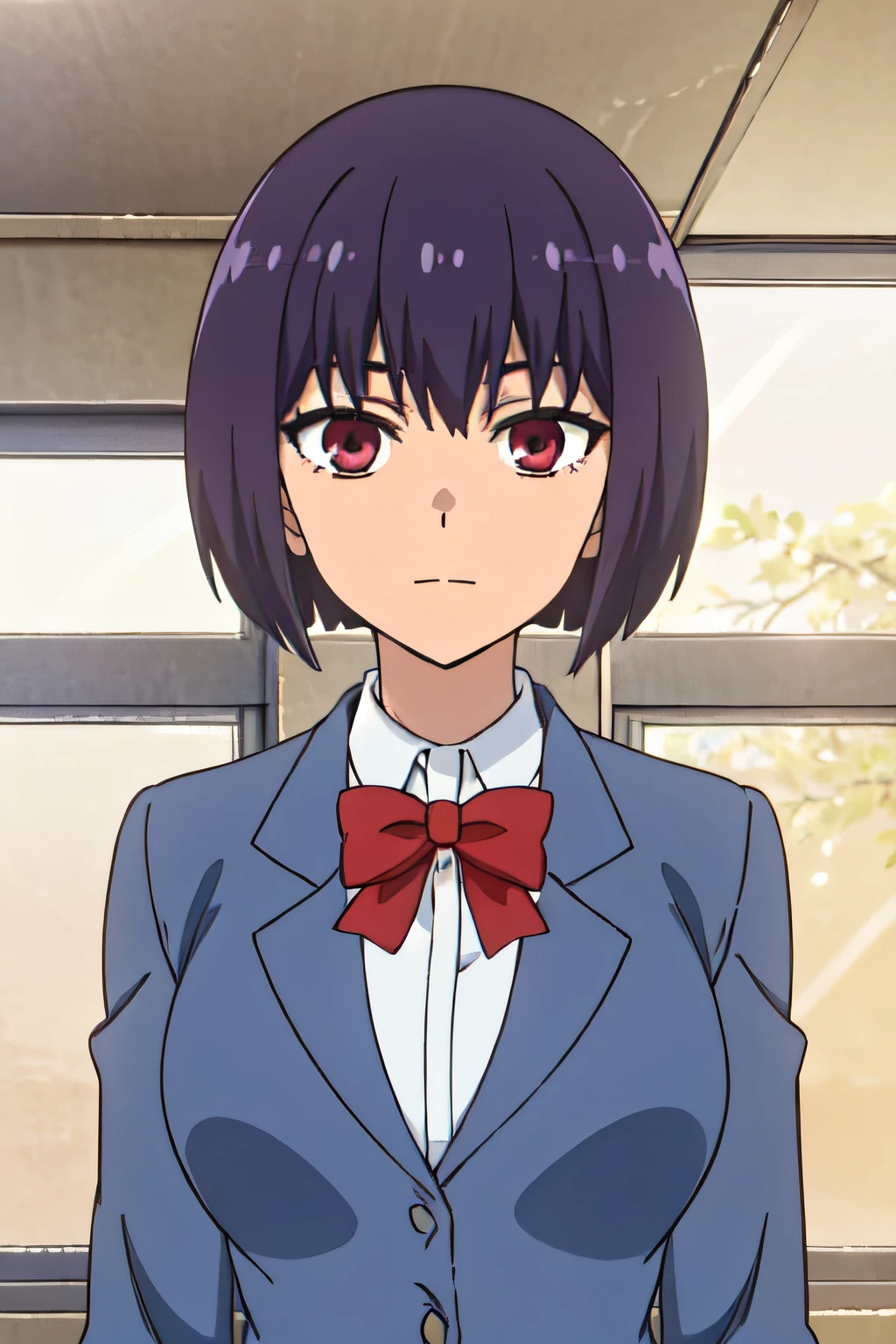 pikkyhana, 1girl, solo, looking at viewer, purple hair, black hair, short hair, bob cut, bangs, purple eyes, red eyes, breasts, large breasts, expressionless, school uniform, bow, jacket, bowtie, red bow, blazer, shirt, cowboy shot, closed mouth, facing viewer, upper body, smile.