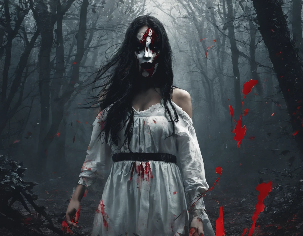 A girl wearing a hockey mask with a machete, piercing blue eyes, bloodied lips, and a sinister smile, surrounded by a dark and eerie forest. She is dressed in a tattered and dirty white dress, with long, tangled black hair covering half of her face. The scene is set during a stormy night, with thunder and lightning illuminating the scene. The girl stands in a haunting pose, holding the machete in one hand and raising it high in the air. The atmosphere is filled with suspense and fear, as if she is about to strike her next victim.
The artwork should be created in a hyper-realistic style, using high-resolution techniques to capture every detail of the girl's face, dress, and the surrounding forest. The colors should be desaturated, with a cold and gloomy tone, enhancing the horror theme. Studio lighting should be used to add depth and highlight the details of the girl's face and the forest. The overall image quality should be of the highest standard, producing a 4K or 8K masterpiece that showcases extreme detail and realism.
In summary, the prompt should include the following tags:
- female Jason Voorhees
- hockey mask
- machete
- piercing blue eyes
- bloodied lips
- sinister smile
- dark and eerie forest
- tattered and dirty white dress
- long tangled black hair
- stormy night
- thunder and lightning
- haunting pose
- suspense
- fear
- hyper-realistic style
- high-resolution techniques
- desaturated colors
- cold and gloomy tone
- studio lighting
- 4K or 8K quality
- extreme detail and realism
Remember to arrange the tags in order of importance and separate them with commas.