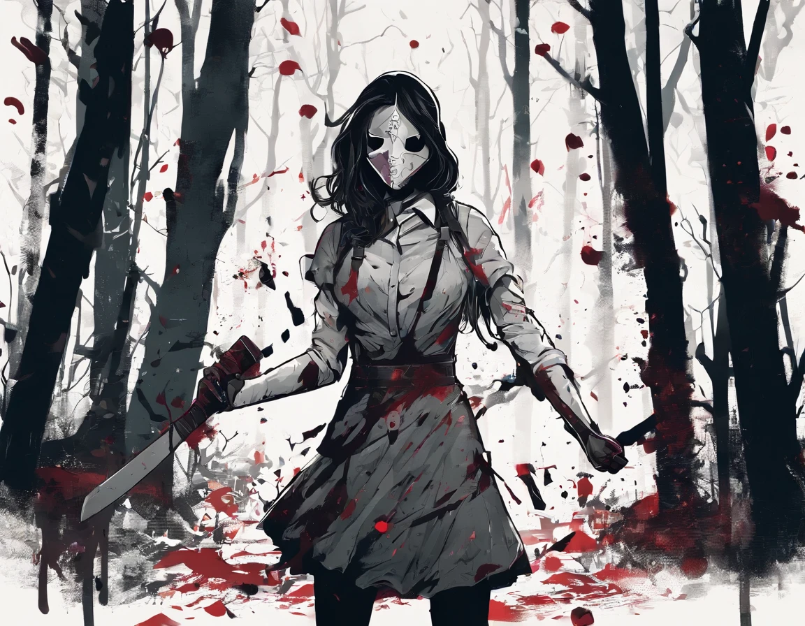 A girl wearing a hockey mask with a machete, piercing blue eyes, bloodied lips, and a sinister smile, surrounded by a dark and eerie forest. She is dressed in a tattered and dirty white dress, with long, tangled black hair covering half of her face. The scene is set during a stormy night, with thunder and lightning illuminating the scene. The girl stands in a haunting pose, holding the machete in one hand and raising it high in the air. The atmosphere is filled with suspense and fear, as if she is about to strike her next victim.
The artwork should be created in a hyper-realistic style, using high-resolution techniques to capture every detail of the girl's face, dress, and the surrounding forest. The colors should be desaturated, with a cold and gloomy tone, enhancing the horror theme. Studio lighting should be used to add depth and highlight the details of the girl's face and the forest. The overall image quality should be of the highest standard, producing a 4K or 8K masterpiece that showcases extreme detail and realism.
In summary, the prompt should include the following tags:
- female Jason Voorhees
- hockey mask
- machete
- piercing blue eyes
- bloodied lips
- sinister smile
- dark and eerie forest
- tattered and dirty white dress
- long tangled black hair
- stormy night
- thunder and lightning
- haunting pose
- suspense
- fear
- hyper-realistic style
- high-resolution techniques
- desaturated colors
- cold and gloomy tone
- studio lighting
- 4K or 8K quality
- extreme detail and realism
Remember to arrange the tags in order of importance and separate them with commas.