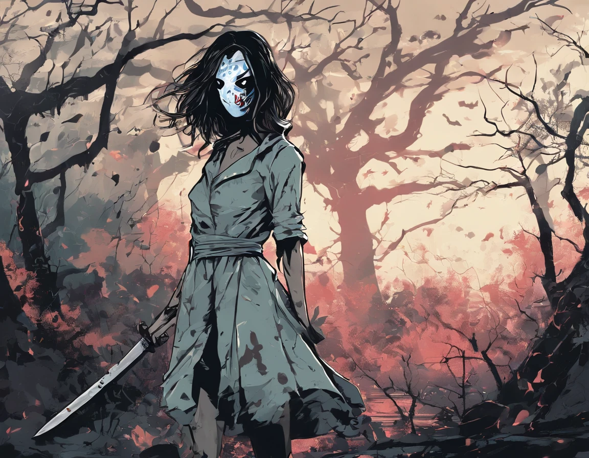 A girl wearing a hockey mask with a machete, piercing blue eyes, bloodied lips, and a sinister smile, surrounded by a dark and eerie forest. She is dressed in a tattered and dirty white dress, with long, tangled black hair covering half of her face. The scene is set during a stormy night, with thunder and lightning illuminating the scene. The girl stands in a haunting pose, holding the machete in one hand and raising it high in the air. The atmosphere is filled with suspense and fear, as if she is about to strike her next victim.
The artwork should be created in a hyper-realistic style, using high-resolution techniques to capture every detail of the girl's face, dress, and the surrounding forest. The colors should be desaturated, with a cold and gloomy tone, enhancing the horror theme. Studio lighting should be used to add depth and highlight the details of the girl's face and the forest. The overall image quality should be of the highest standard, producing a 4K or 8K masterpiece that showcases extreme detail and realism.
In summary, the prompt should include the following tags:
- female Jason Voorhees
- hockey mask
- machete
- piercing blue eyes
- bloodied lips
- sinister smile
- dark and eerie forest
- tattered and dirty white dress
- long tangled black hair
- stormy night
- thunder and lightning
- haunting pose
- suspense
- fear
- hyper-realistic style
- high-resolution techniques
- desaturated colors
- cold and gloomy tone
- studio lighting
- 4K or 8K quality
- extreme detail and realism
Remember to arrange the tags in order of importance and separate them with commas.