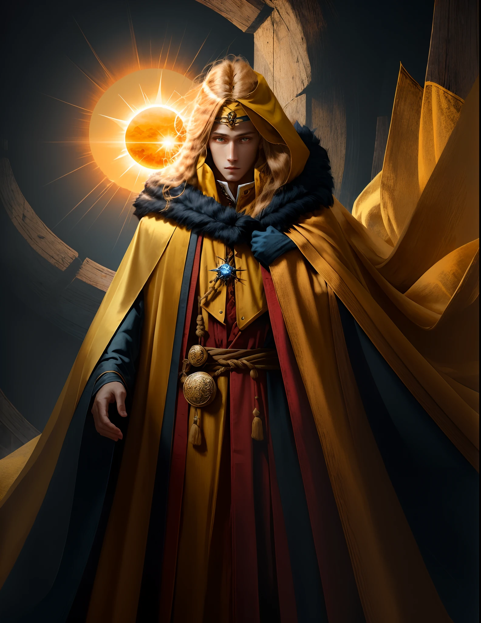 Sorcerer of the sun, yellow eyes, long wavy blonde hair, yellow cloak