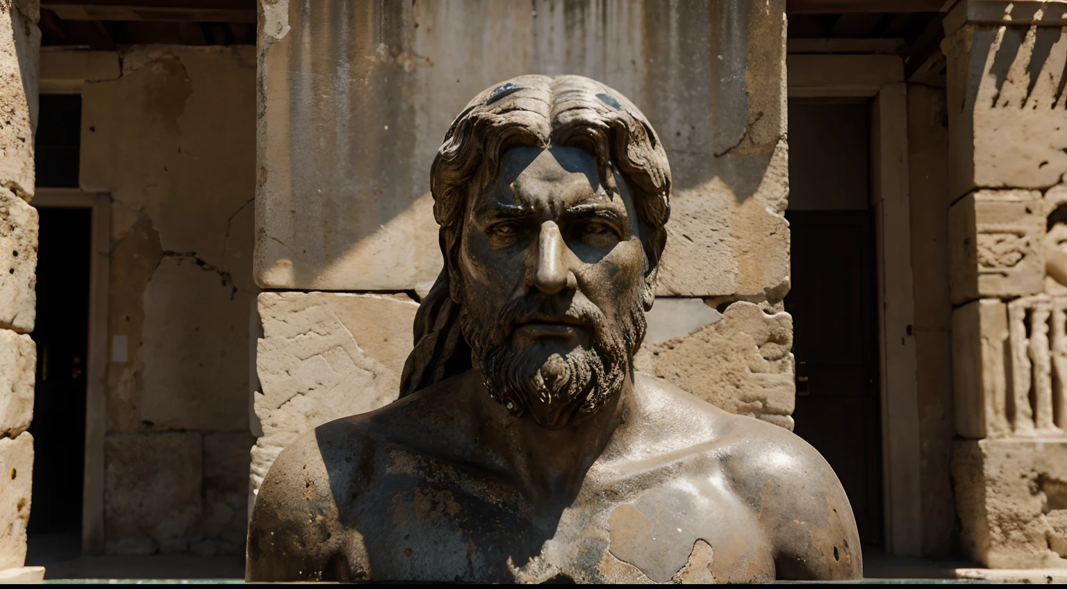 Ancient Stoic Statue With Very Angry Expression, tem barba, muitos detalhes em ambos os olhos, Outside, fundo atenas grego, open sky, com rosto extremamente detalhado full body view, Colors with low saturation with dark tone, Filmado em Sony A7S III com Sony FE 35mm f/1.8, 12.1 MP, --AR 3:2 --estilo cru