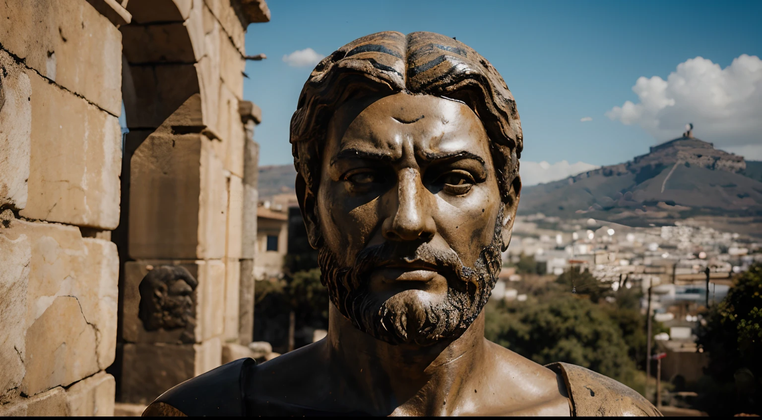 Ancient Stoic Statue With Very Angry Expression, tem barba, muitos detalhes em ambos os olhos, Outside, fundo atenas grego, open sky, com rosto extremamente detalhado full body view, Colors with low saturation with dark tone, Filmado em Sony A7S III com Sony FE 35mm f/1.8, 12.1 MP, --AR 3:2 --estilo cru