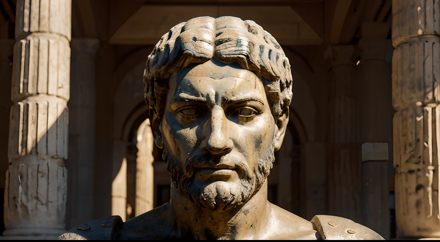 Ancient Stoic Statue With Very Angry Expression, tem barba, muitos detalhes em ambos os olhos, Outside, fundo atenas grego, open sky, com rosto extremamente detalhado full body view, Colors with low saturation with dark tone, Filmado em Sony A7S III com Sony FE 35mm f/1.8, 12.1 MP, --AR 3:2 --estilo cru