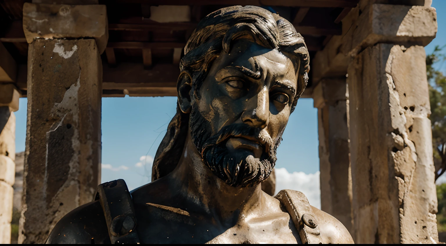 Ancient Stoic Statue With Very Angry Expression, tem barba, muitos detalhes em ambos os olhos, Outside, fundo atenas grego, open sky, com rosto extremamente detalhado full body view, Colors with low saturation with dark tone, Filmado em Sony A7S III com Sony FE 35mm f/1.8, 12.1 MP, --AR 3:2 --estilo cru