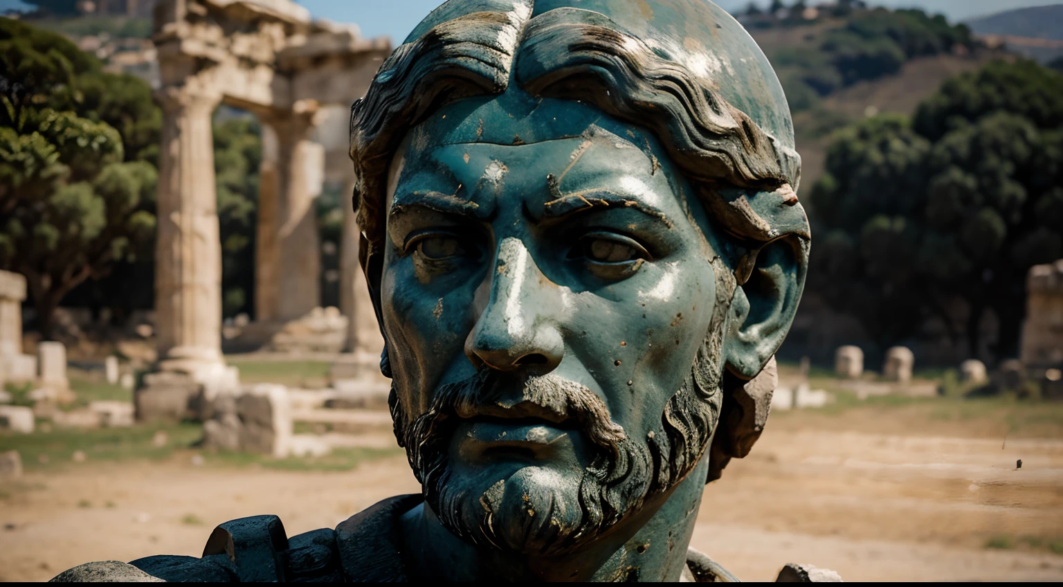 Ancient Stoic Statue With Very Angry Expression, tem barba, muitos detalhes em ambos os olhos, Outside, fundo atenas grego, open sky, com rosto extremamente detalhado full body view, Colors with low saturation with dark tone, Filmado em Sony A7S III com Sony FE 35mm f/1.8, 12.1 MP, --AR 3:2 --estilo cru