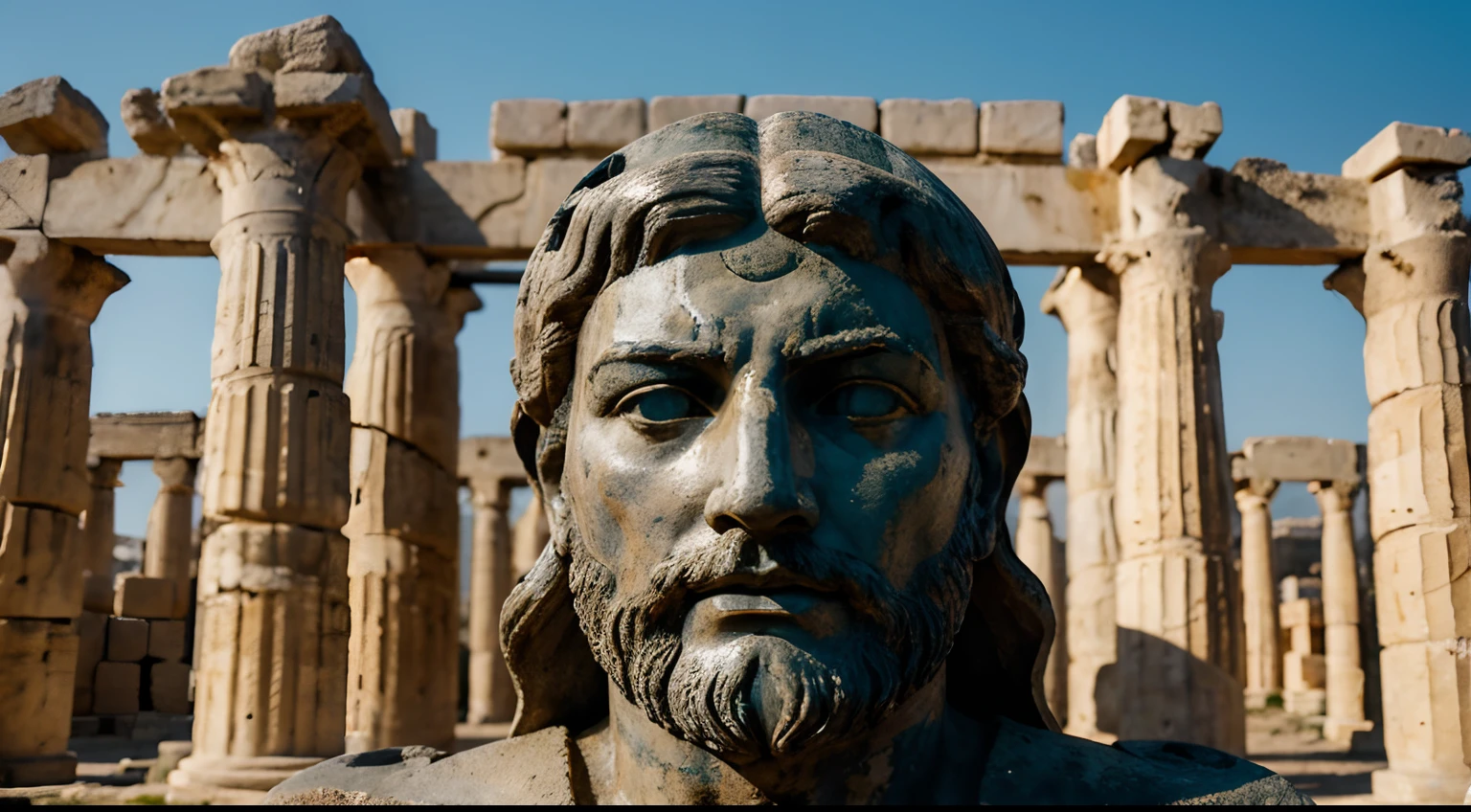 Ancient Stoic Statue With Very Angry Expression, tem barba, muitos detalhes em ambos os olhos, Outside, fundo atenas grego, open sky, com rosto extremamente detalhado full body view, Colors with low saturation with dark tone, Filmado em Sony A7S III com Sony FE 35mm f/1.8, 12.1 MP, --AR 3:2 --estilo cru