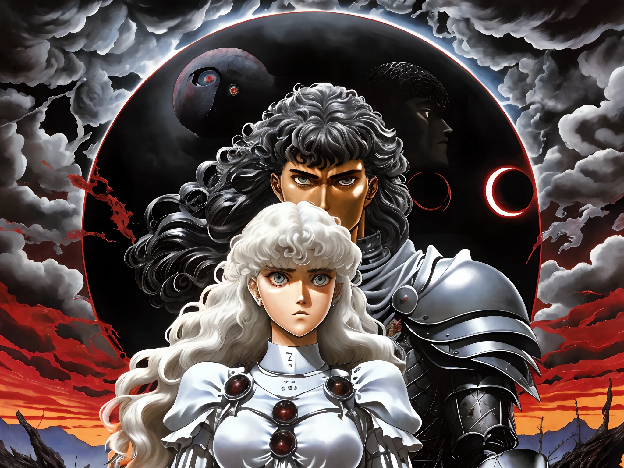 um close up de uma mulher e um homem de armadura, Griffith, Berserk, de Furioso, Estilo de arte Berserk, Griffith, Estilo Berserk, Furioso, Furious manga, sangue de Furioso, em Berserk Manga, Obra-prima de Noriyoshi Ohrai, Directed by: Noriyoshi Ohrai, Japanese VHS cover art, Artista Katsuhiro Otomo