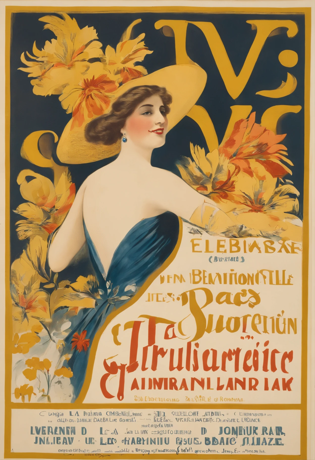 **Festival Lyrique d'Aix-les-Bains**
**16 & 17 Juillet 2024**
Au centre de l'affiche, An elegant illustration of operetta "La Veuve Joyeuse". She is depicted by a woman dressed in an early twentieth-century evening dress, holding an ornate fan, with a joyful and mysterious expression. Autour d'elle, Dancers and musicians in period costumes, evoking the festive atmosphere of operetta.
En haut de l'affiche, le titre "Festival Lyrique d'Aix-les-Bains" is written in elegant gold letters, reflecting the grandeur of the event. Juste en dessous, les dates "16 & 17 Juillet 2024" are highlighted with larger typography.
On the right-hand side, une liste des artistes principaux et des musiciens, avec de petites illustrations de chacun, giving a glimpse of the talent that will be present at the festival.
En bas de l'affiche, des informations pratiques : lieu, horaires, rates and a QR code for online booking. The whole thing is framed by delicate floral motifs, rappelant les jardins d'Aix-les-Bains.
Les couleurs dominantes sont le bleu nuit, l'or et le blanc, evoking a starry summer night. L'ensemble donne une impression de luxe, of elegance and festivity, inviting the public to participate in this unmissable event.