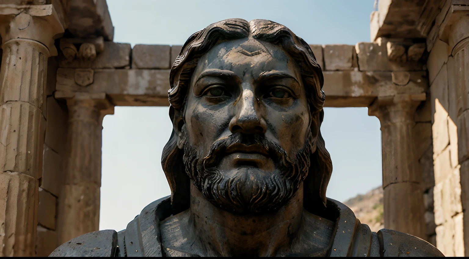 Ancient Stoic Statue With Very Angry Expression, tem barba, muitos detalhes em ambos os olhos, Outside, fundo atenas grego, open sky, com rosto extremamente detalhado full body view, Colors with low saturation with dark tone, Filmado em Sony A7S III com Sony FE 35mm f/1.8, 12.1 MP, --AR 3:2 --estilo cru