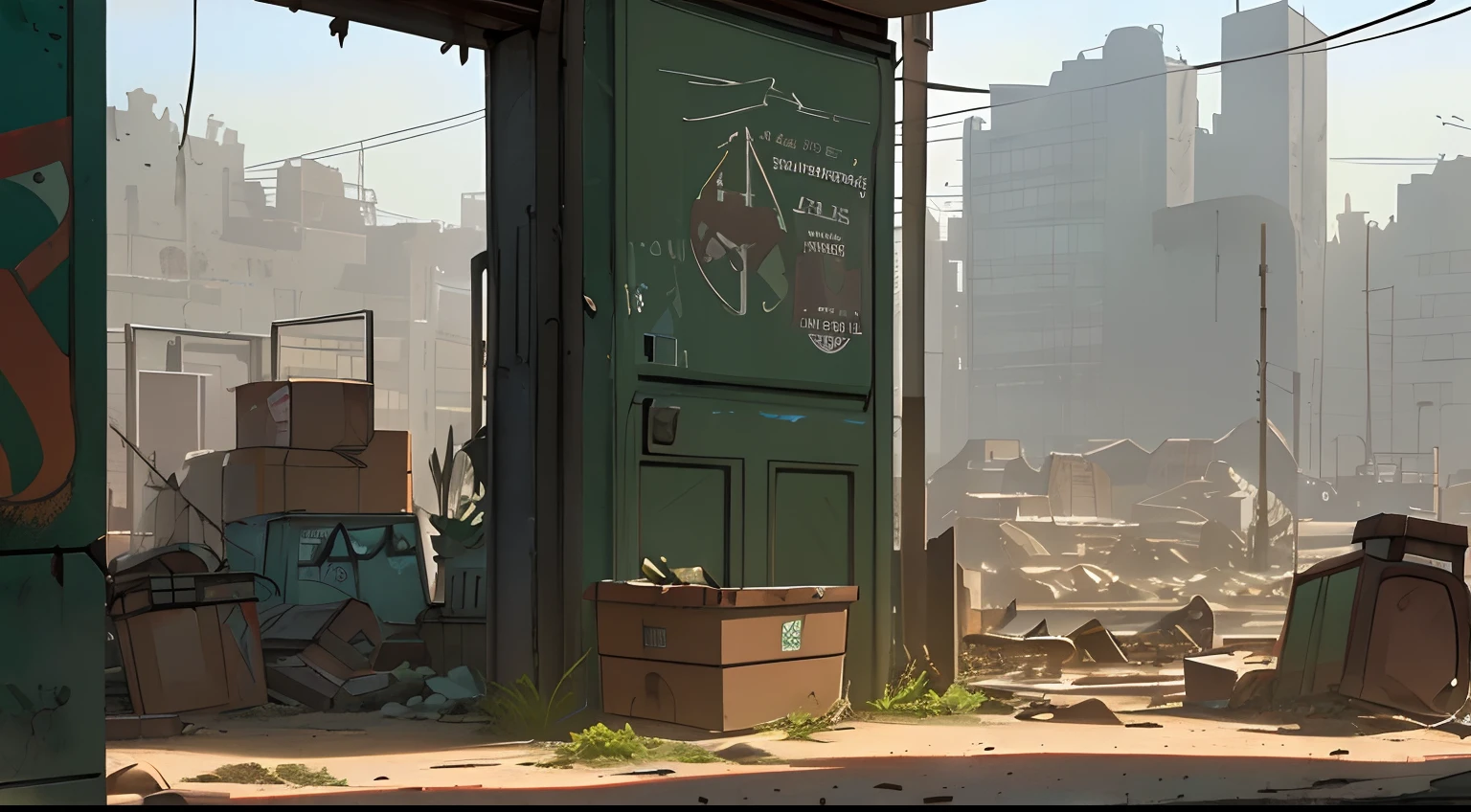 hyperrealistic and very detailed illustration of an abandoned square in a detroit slum, ruined buildings in the distance, point of view from the outside, image very loaded with objects, point of view from below, dirty and cracked concrete stairs, green wastebasket, metal signs, seats, cables, pole, pastel blue telephone booth, rusty guardrails, white and pastel yellow walls, pallet, empty boxes, damaged wall paint,  some garbage on the ground, metal and rusty scrap, damaged vehicle parts, very detailed advertisements on the neon wall, spotlight lights (very radiant), artificial and sterile environment, bright day, ((very dark landscape shadows)), red and green neon lights, soil with a lot of desert sand littering the whole landscape, very sharp details and high contrast