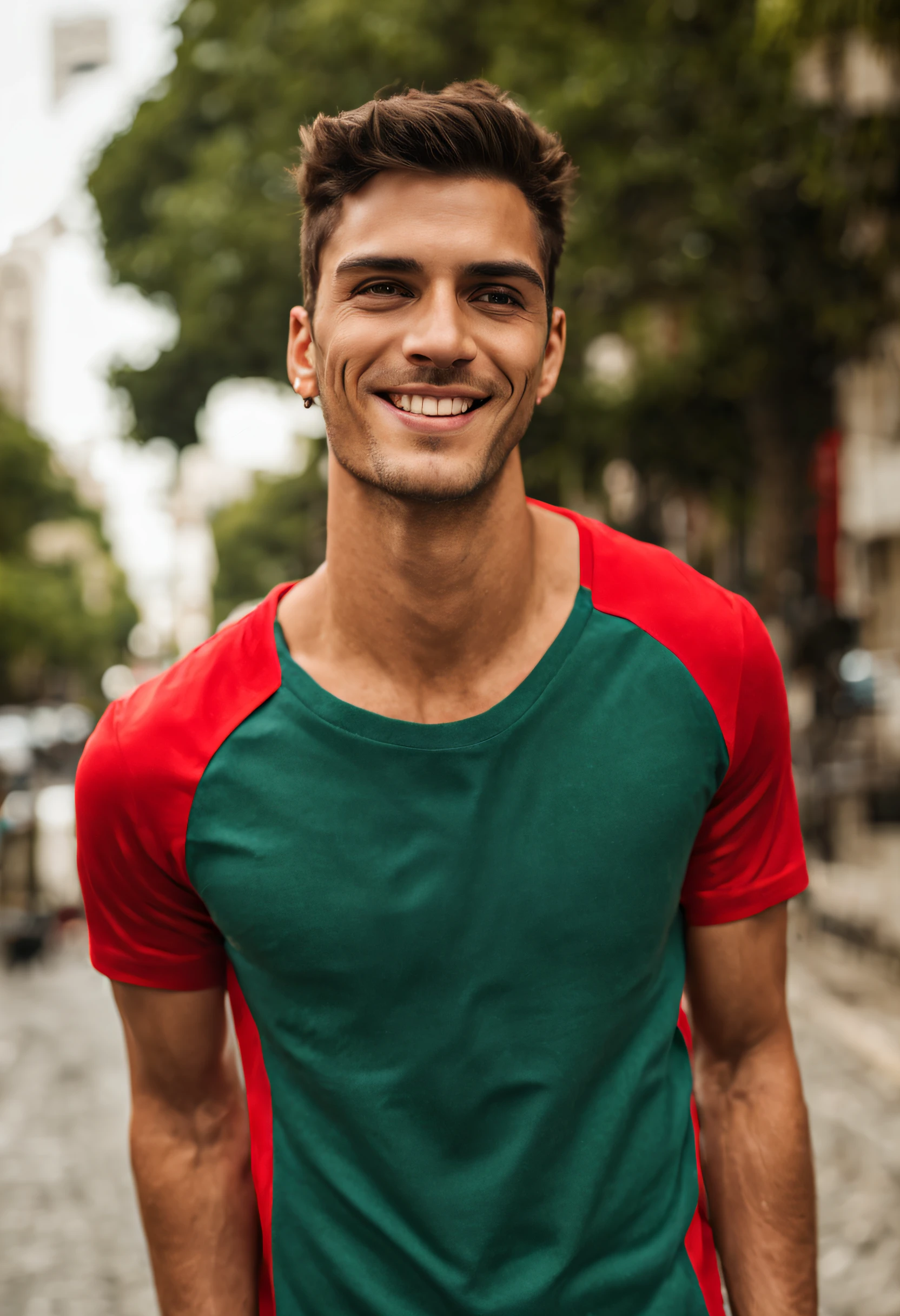 Um homem jovem, idade 22 anos , vestindo blusa vermelha, em frente a uma rua movimentada, medium closeup shot