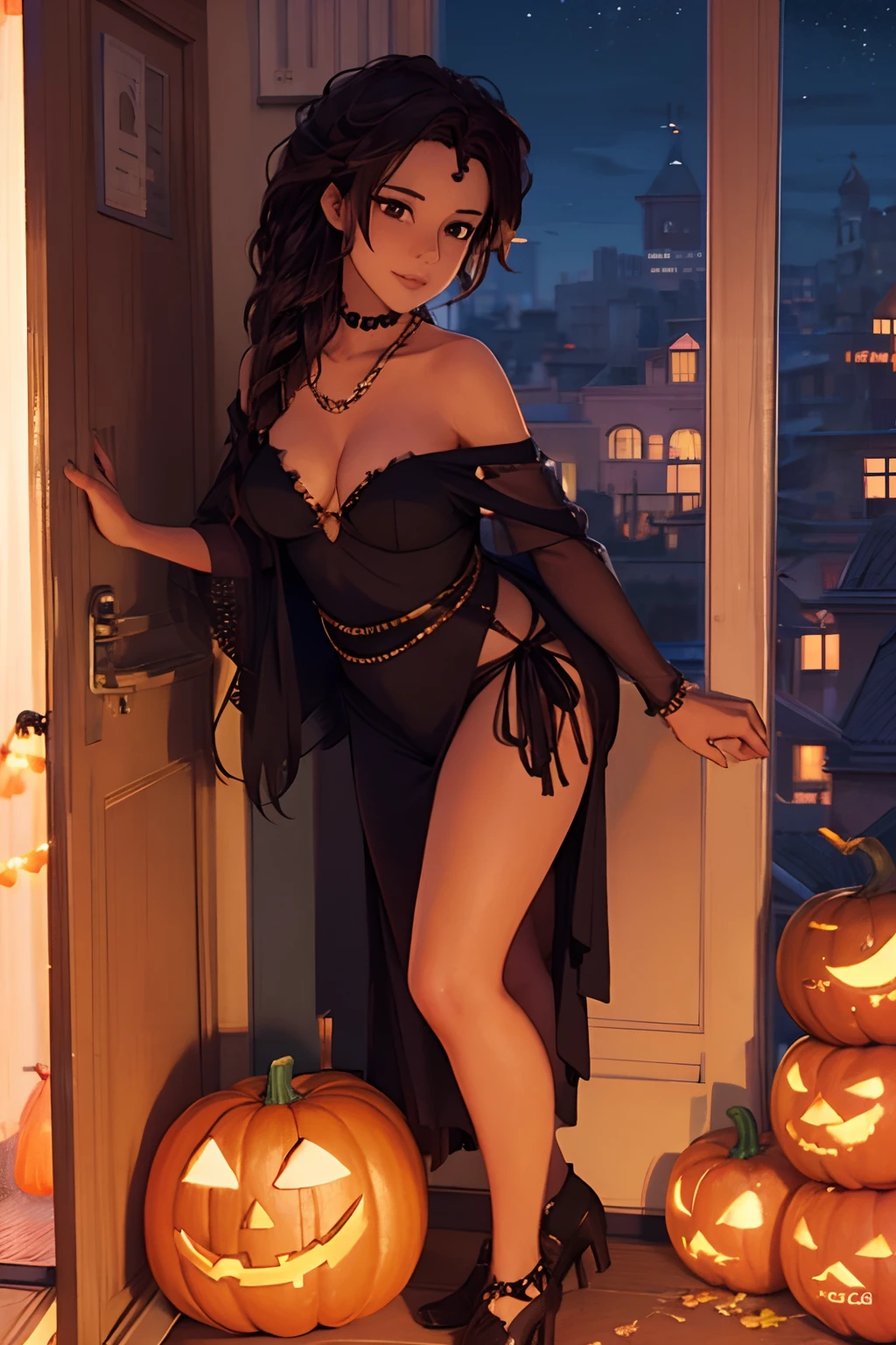 Rio morales, milf, giving candy on halloween night, wearing witch outfit, outside door, trick or treat, seductive, leaning down