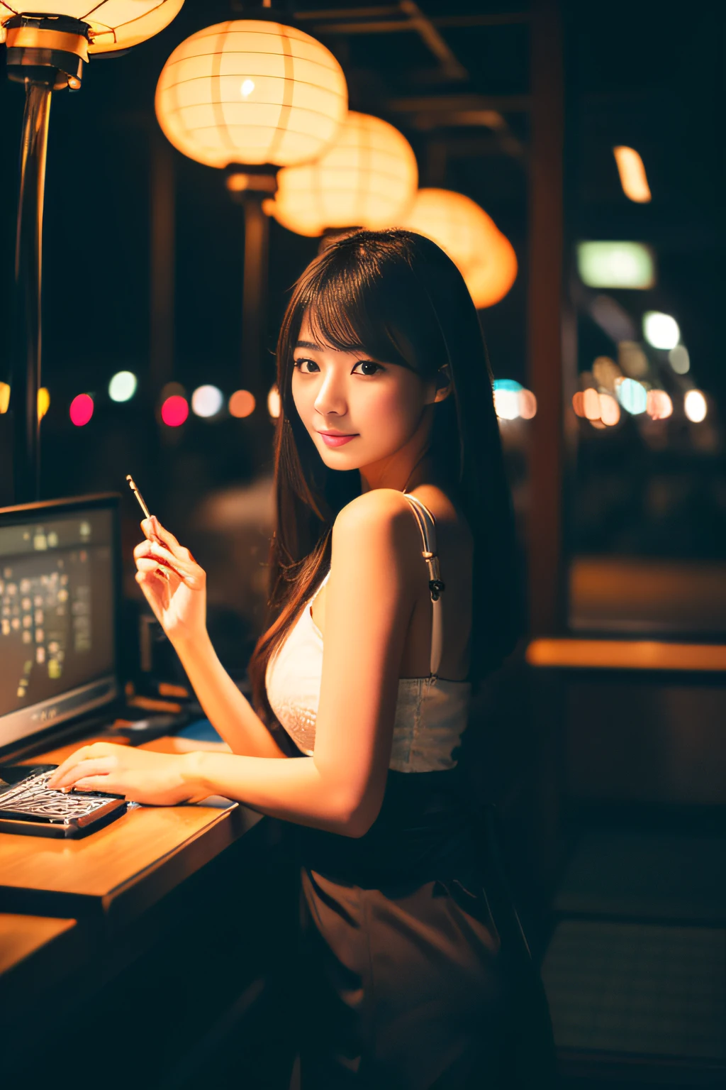 (Best Quality,8K,High resolution:1.2),(Beautiful Realistic Asians:1.4)、(cute Japanese girls:1.4)、(爆乳:1.20),(Glamorous)、Beautiful、夏天、Hot nights、officeworker、21years old、a dark night、Wagas、dark sky、Professional、The real world、marriage、