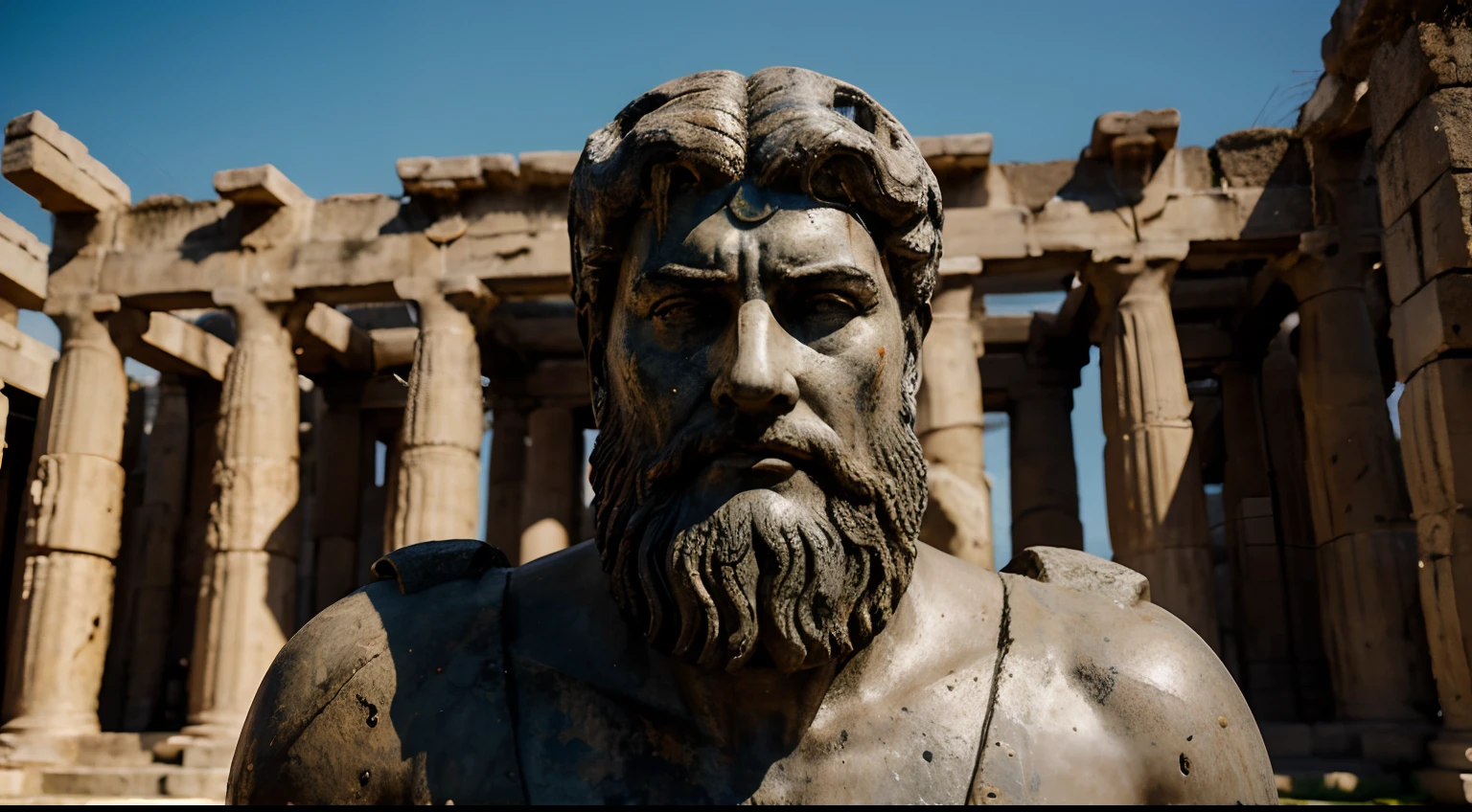 Ancient Stoic Statue With Very Angry Expression, tem barba, muitos detalhes em ambos os olhos, Outside, fundo atenas grego, open sky, com rosto extremamente detalhado full body view, Colors with low saturation with dark tone, Filmado em Sony A7S III com Sony FE 35mm f/1.8, 12.1 MP, --AR 3:2 --estilo cru