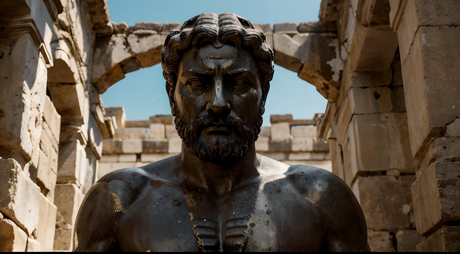 Ancient Stoic Statue With Very Angry Expression, tem barba, muitos detalhes em ambos os olhos, Outside, fundo atenas grego, open sky, com rosto extremamente detalhado full body view, Colors with low saturation with dark tone, Filmado em Sony A7S III com Sony FE 35mm f/1.8, 12.1 MP, --AR 3:2 --estilo cru