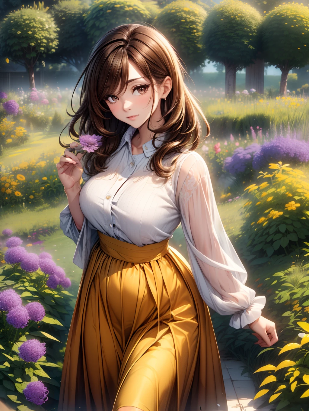 Best Quality, masutepiece, beautiful mature women、Beautiful face、Strong-minded woman、(brown long skirt、long-sleeve)、brown haired、(Brown-eyed)、Longhaire、Undersized eyes、(((Kochia、In the flower garden of kochia)))、Flower garden large、the morning sun
