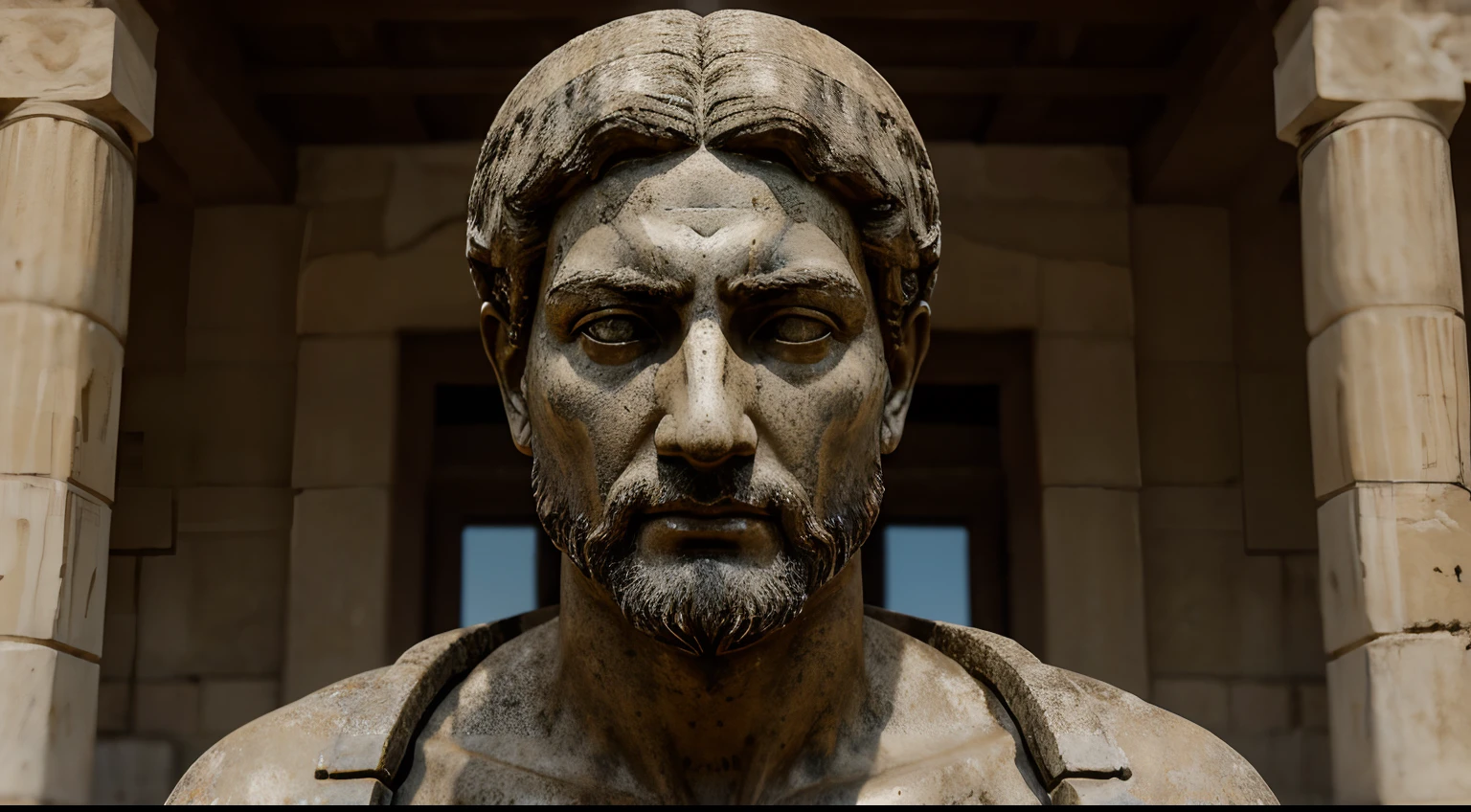 Ancient Stoic Statue With Very Angry Expression, tem barba, muitos detalhes em ambos os olhos, Outside, fundo atenas grego, open sky, com rosto extremamente detalhado full body view, Colors with low saturation with dark tone, Filmado em Sony A7S III com Sony FE 35mm f/1.8, 12.1 MP, --AR 3:2 --estilo cru