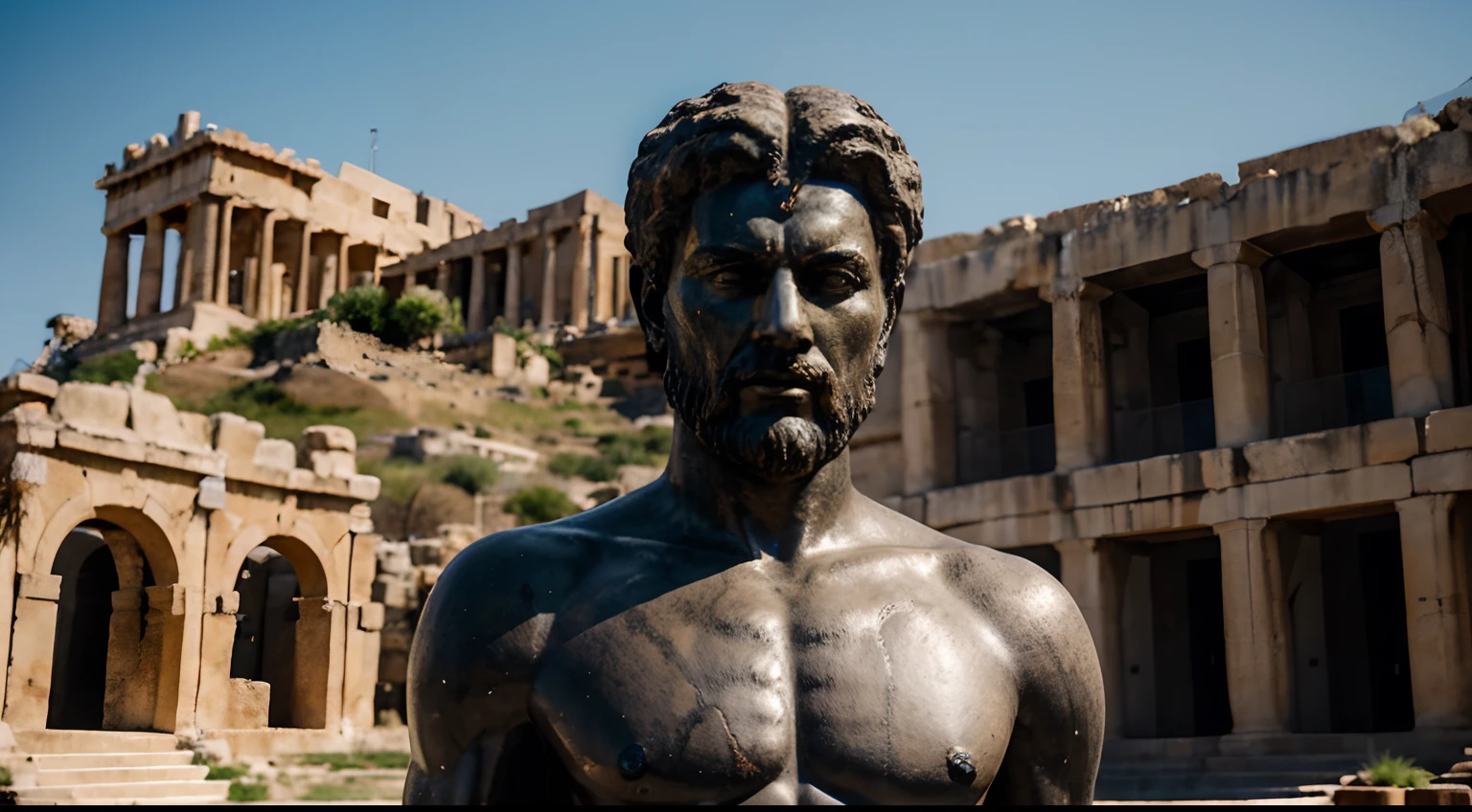 Ancient Stoic Statue With Very Angry Expression, tem barba, muitos detalhes em ambos os olhos, Outside, fundo atenas grego, open sky, com rosto extremamente detalhado full body view, Colors with low saturation with dark tone, Filmado em Sony A7S III com Sony FE 35mm f/1.8, 12.1 MP, --AR 3:2 --estilo cru