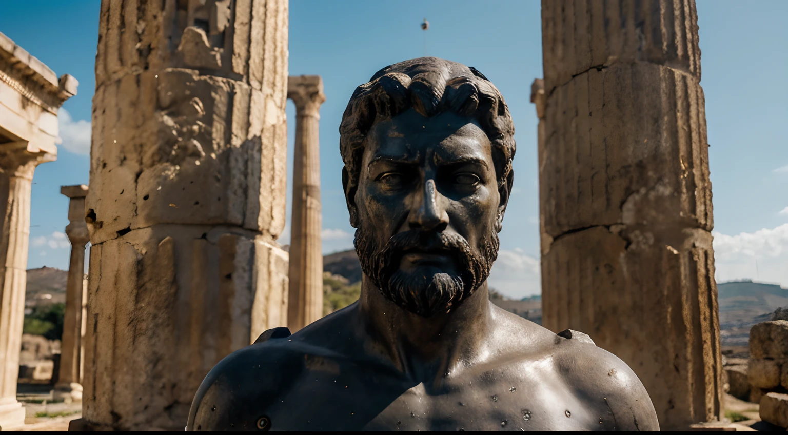 Ancient Stoic Statue With Very Angry Expression, tem barba, muitos detalhes em ambos os olhos, Outside, fundo atenas grego, open sky, com rosto extremamente detalhado full body view, Colors with low saturation with dark tone, Filmado em Sony A7S III com Sony FE 35mm f/1.8, 12.1 MP, --AR 3:2 --estilo cru