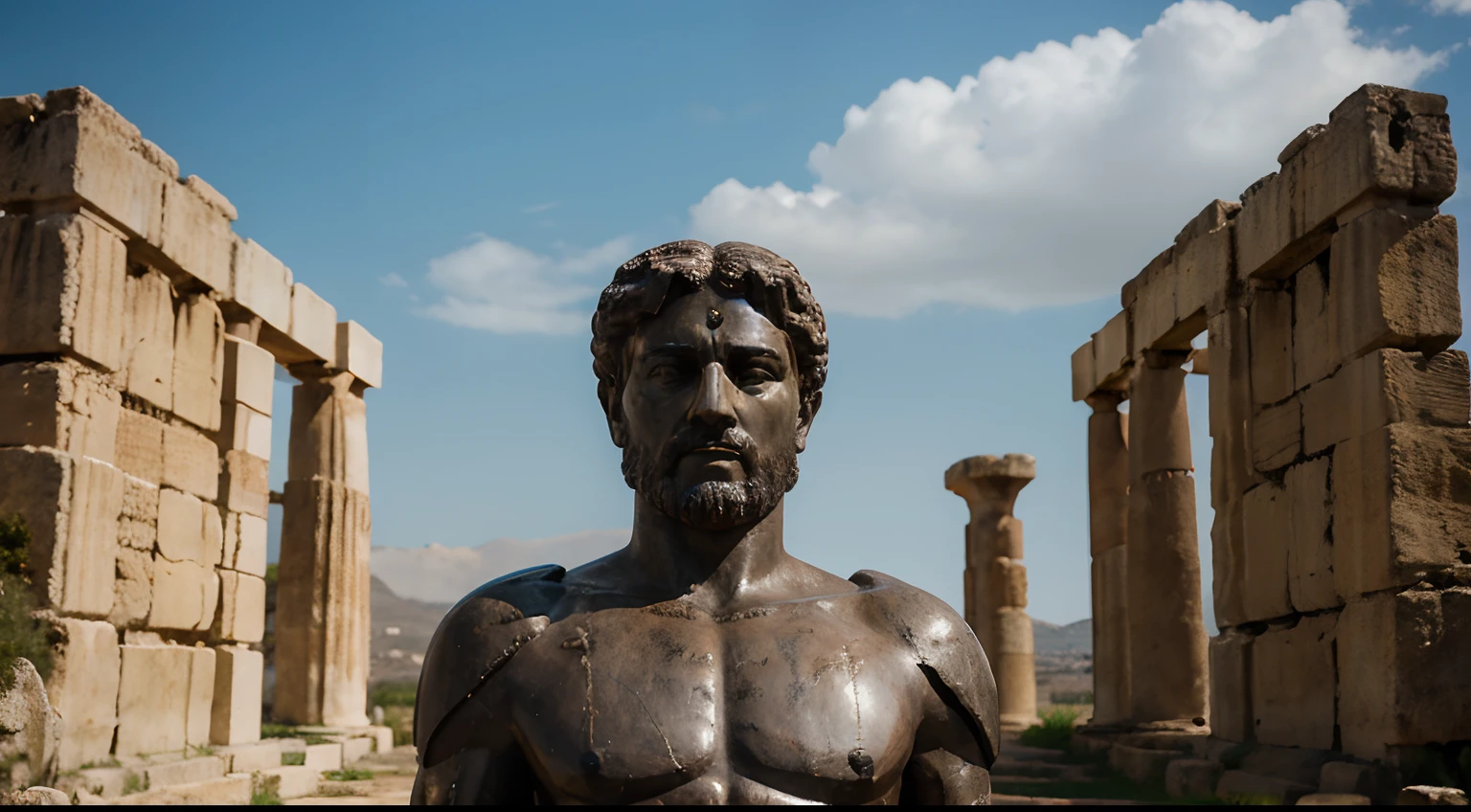 Ancient Stoic Statue With Very Angry Expression, tem barba, muitos detalhes em ambos os olhos, Outside, fundo atenas grego, open sky, com rosto extremamente detalhado full body view, Colors with low saturation with dark tone, Filmado em Sony A7S III com Sony FE 35mm f/1.8, 12.1 MP, --AR 3:2 --estilo cru