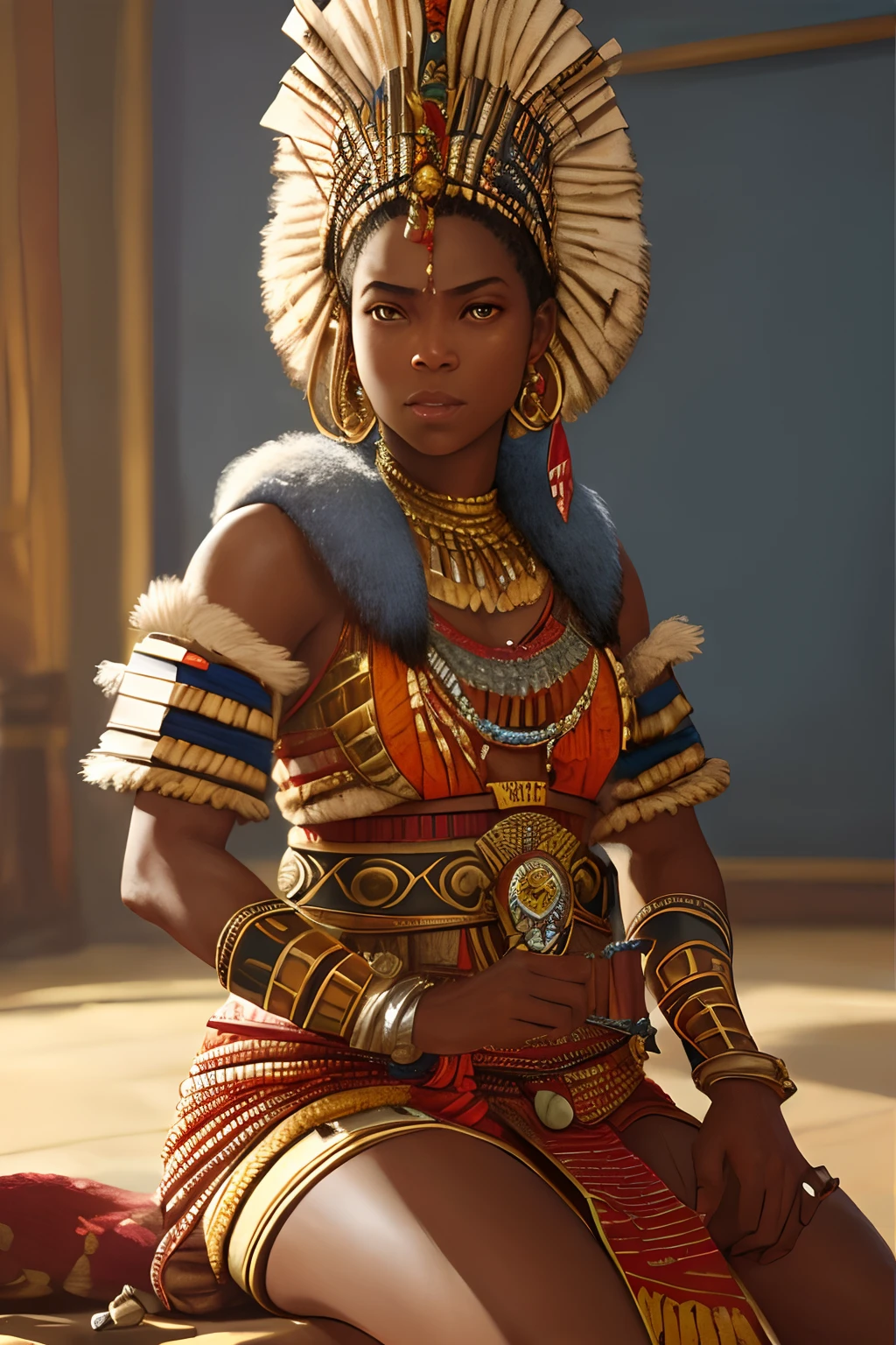 full shot body photo of the most beautiful artwork in the world featuring a tribal ((fantasy)) african queen warrior woman , With an outfit made of exotic animal skin,(sitting:1.2),(from_side:1.3), majestic oil painting by Ed Blinkey, Atey Ghailan, Studio Ghibli, by Jeremy Mann, Greg Manchess, Antonio Moro, trending on ArtStation, trending on CGSociety, Intricate, High Detail, Sharp focus, dramatic, photorealistic painting art by midjourney and greg rutkowski