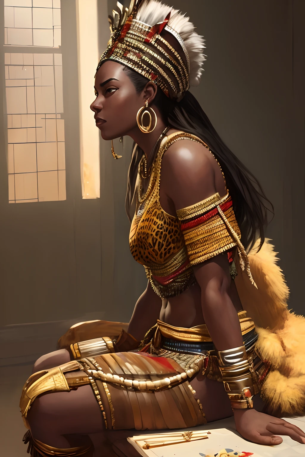 full shot body photo of the most beautiful artwork in the world featuring a tribal ((fantasy)) african queen warrior woman , With an outfit made of exotic animal skin,(sitting:1.2),(from_side:1.3), majestic oil painting by Ed Blinkey, Atey Ghailan, Studio Ghibli, by Jeremy Mann, Greg Manchess, Antonio Moro, trending on ArtStation, trending on CGSociety, Intricate, High Detail, Sharp focus, dramatic, photorealistic painting art by midjourney and greg rutkowski
