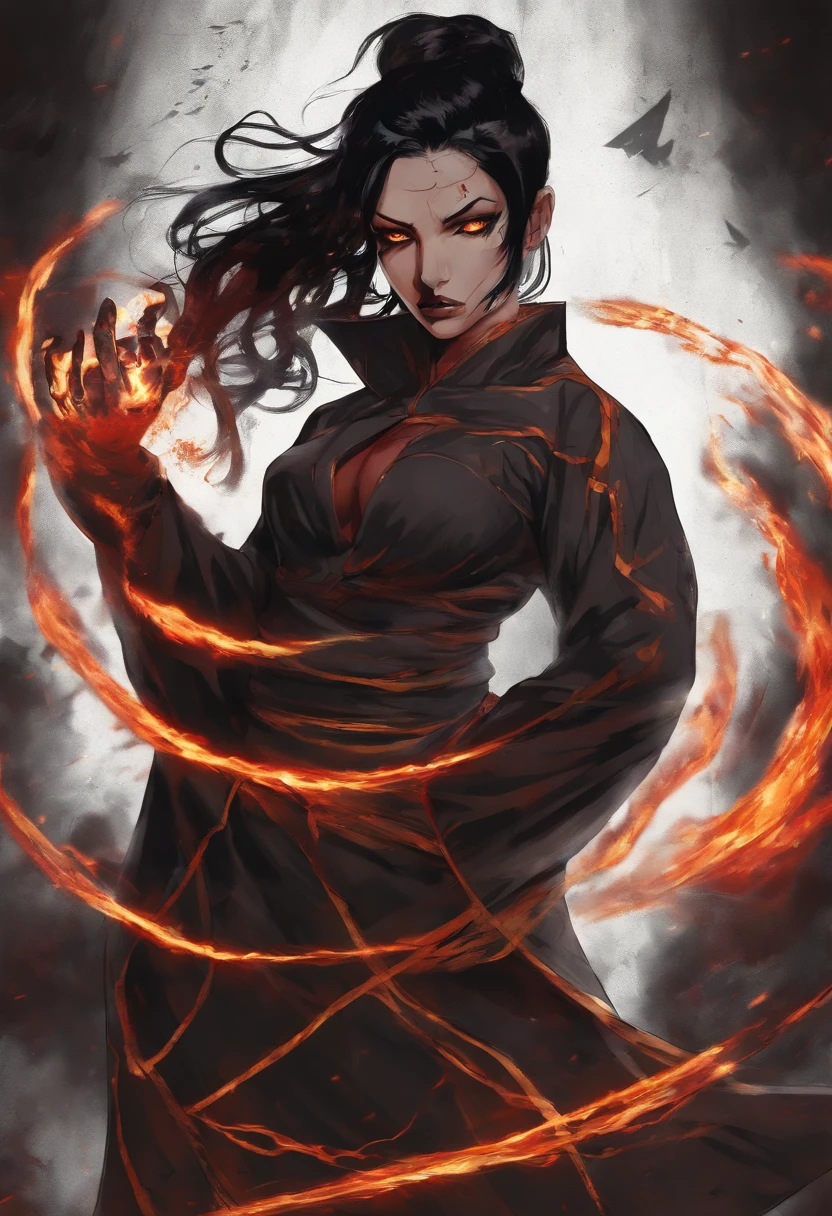 Nawra, tall anime Arab girl with black hair ponytail, yellow eyes, and a red top and black trousers, tall, athletic, strong, fit, muscular, fire!! full body, appears as the fire goddess, fire goddess, nico robin, hot fire goddess, she has fire powers, black - haired mage, ahri, her hair is on fire, style artgerm, full body portrait of a short!, the butterfly goddess of fire, genie girl, djinni girl, superpowered girl, fire elemental, martial artist, Chicago street