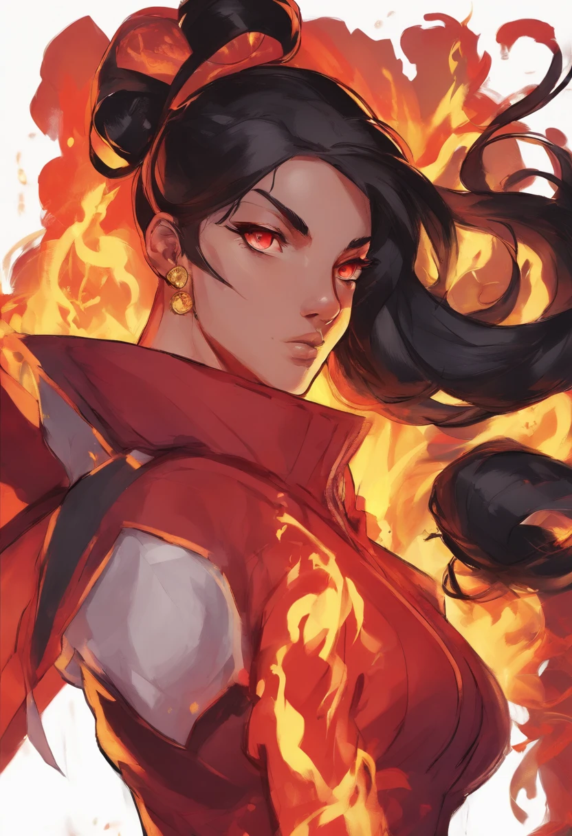 Nawra, tall anime Arab girl with black hair ponytail, yellow eyes, and a red top and black trousers, tall, athletic, strong, fit, muscular, fire!! full body, appears as the fire goddess, fire goddess, nico robin, hot fire goddess, she has fire powers, black - haired mage, ahri, her hair is on fire, style artgerm, full body portrait of a short!, the butterfly goddess of fire, genie girl, djinni girl, superpowered girl, fire elemental, martial artist, Chicago street