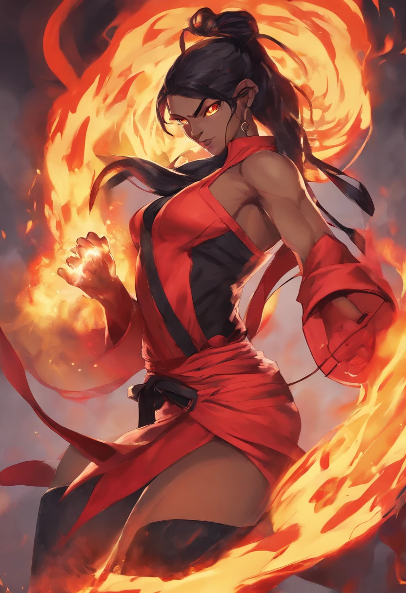 lava lady, street fighter style, 1girl, incredibly detailed, hyper realistic, highly detailed, incredibly sharp focus, cinematic lighting, volumetric lighting, dynamic pose, intense expression, rippling magma skin, molten rock body, glowing eyes, fire energy, dramatic smoke effects, neon cyberpunk city background, vibrant colors, cinematic camera angle