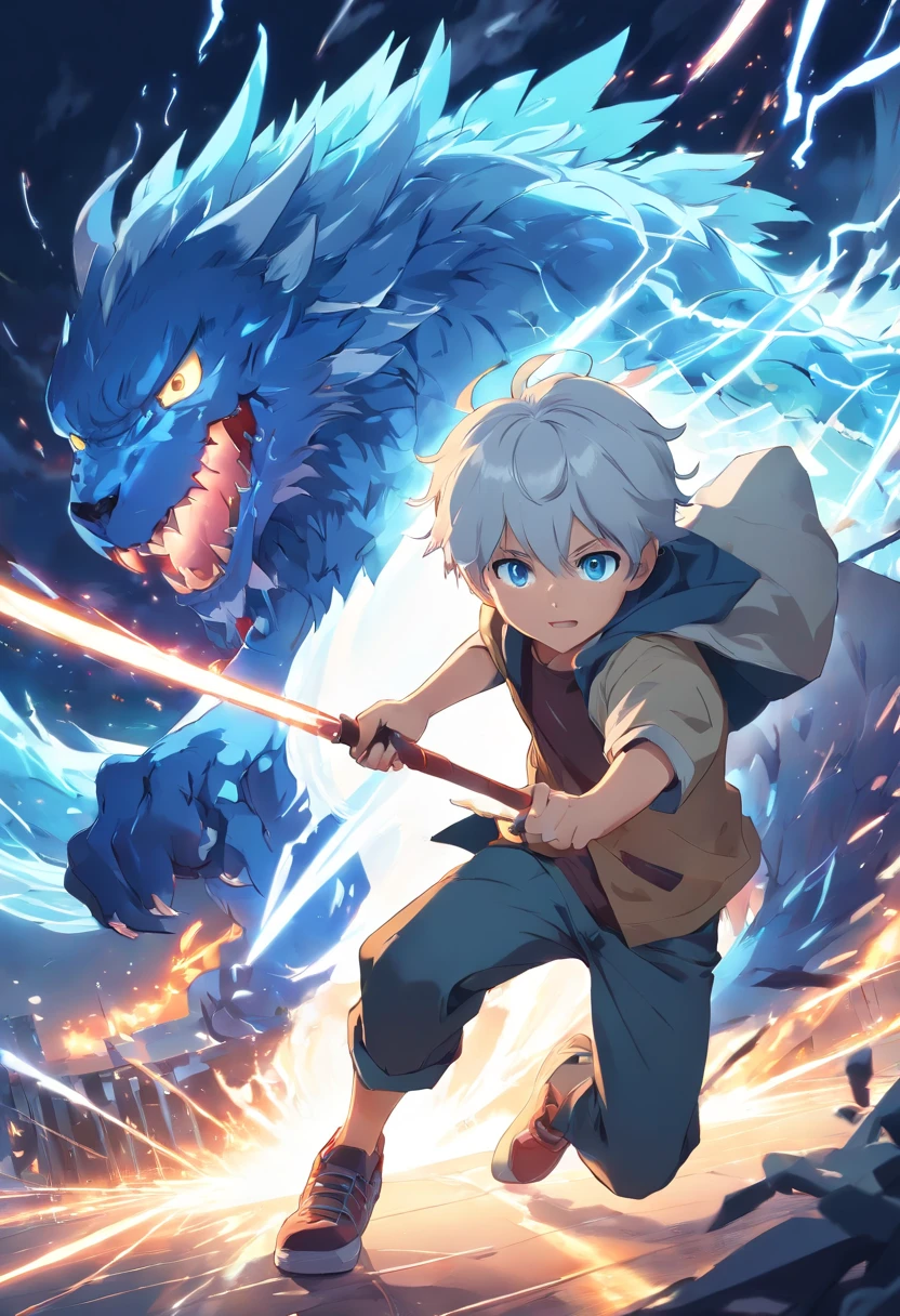 Young boy with white hair, blue eyes and slim build fighting a scary monster