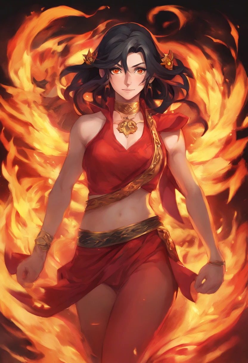 Nawra, tall anime Arab girl with black hair ponytail, yellow eyes, and a red top and black trousers, tall, athletic, strong, fit, muscular, fire!! full body, appears as the fire goddess, fire goddess, nico robin, hot fire goddess, she has fire powers, black - haired mage, ahri, her hair is on fire, style artgerm, full body portrait of a short!, the butterfly goddess of fire, genie girl, djinni girl, superpowered girl, fire elemental, martial artist, Chicago street