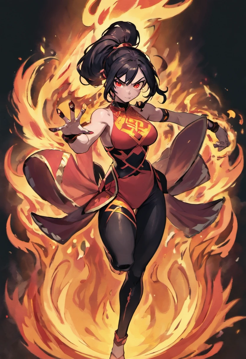 Nawra, tall anime Arab girl with black hair ponytail, yellow eyes, and a red top and black trousers, tall, athletic, strong, fit, muscular, fire!! full body, appears as the fire goddess, fire goddess, nico robin, hot fire goddess, she has fire powers, black - haired mage, ahri, her hair is on fire, style artgerm, full body portrait of a short!, the butterfly goddess of fire, genie girl, djinni girl, superpowered girl, fire elemental, martial artist, Chicago street